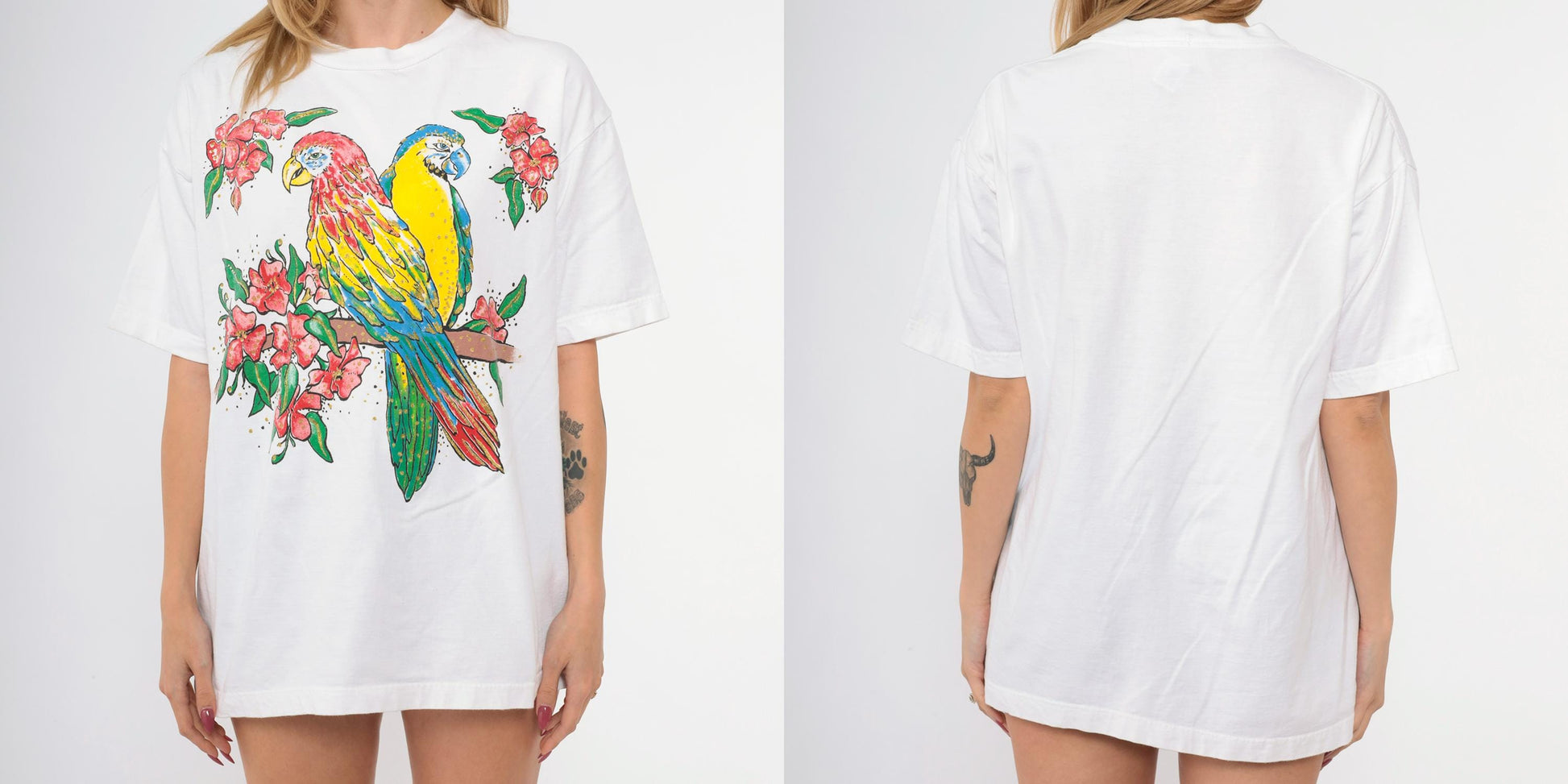 90s Parrot Tropical Graphic T-Shirt White Gold Glitter Bird Print Medium Large