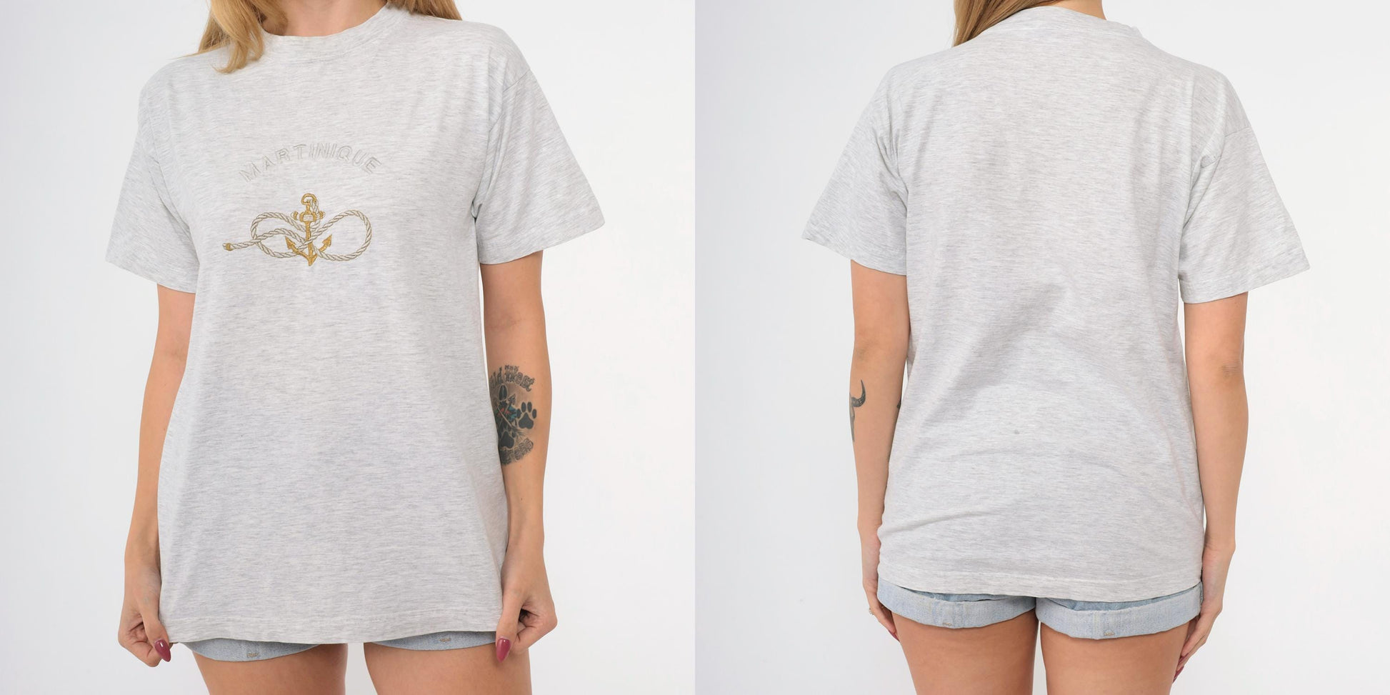 90s Martinique Embroidered Anchor Graphic Tee Grey Crewneck Medium M