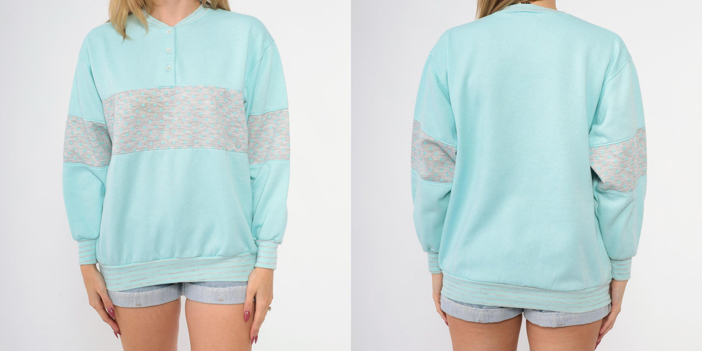 80s Mint Blue Polka Dot Henley Sweatshirt Grey Panel Color Block Medium