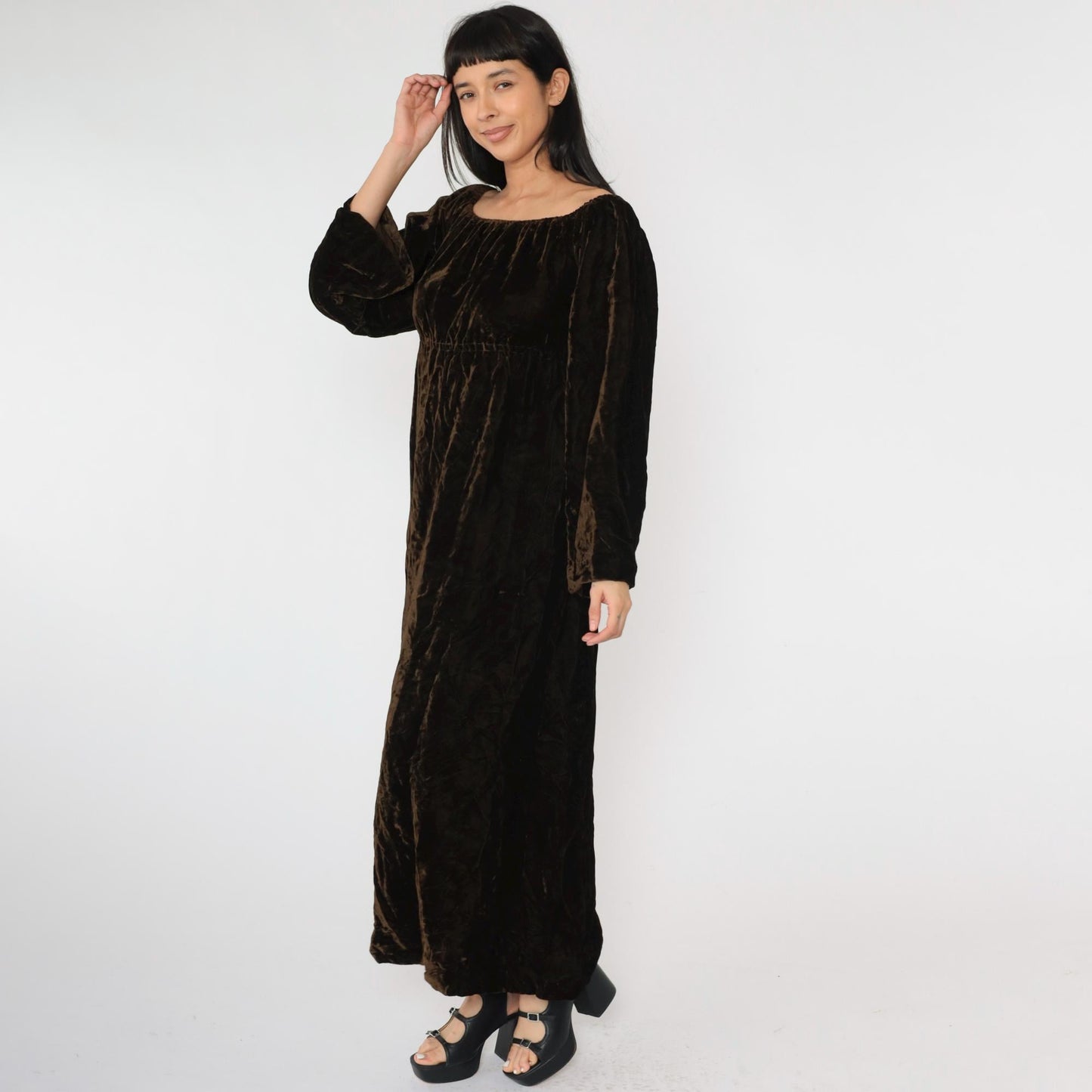 Y2K Brown Velvet Maxi Dress Empire Waist Wide Sleeve Small S