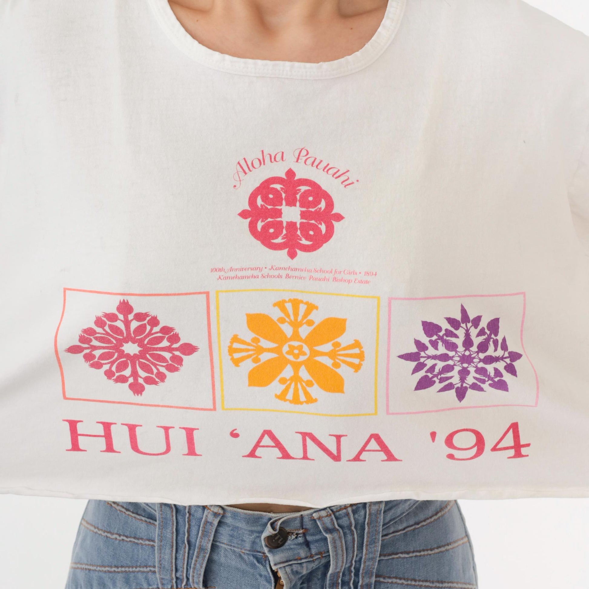 90s Hui Ana 1994 Hawaii Cropped T-Shirt White Graphic Tee Large L