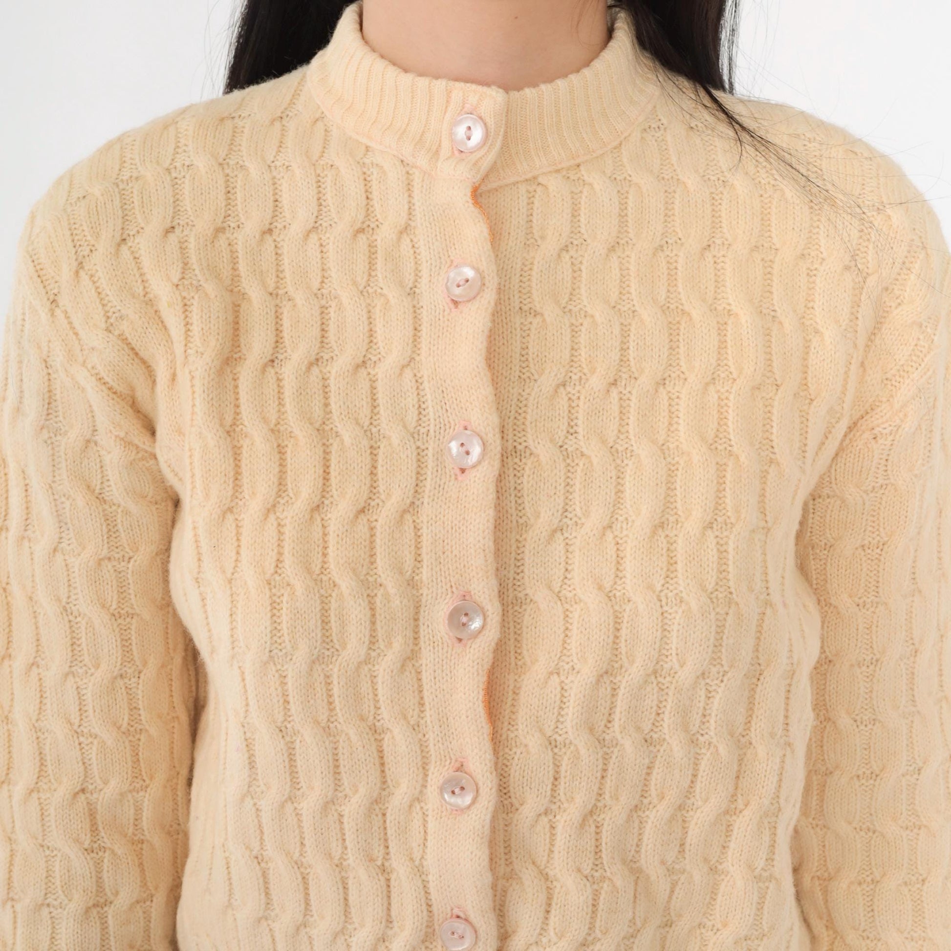 60s Cream Cable Knit Cardigan Cropped Wool Blend Button Up 3/4 Sleeve Extra Small