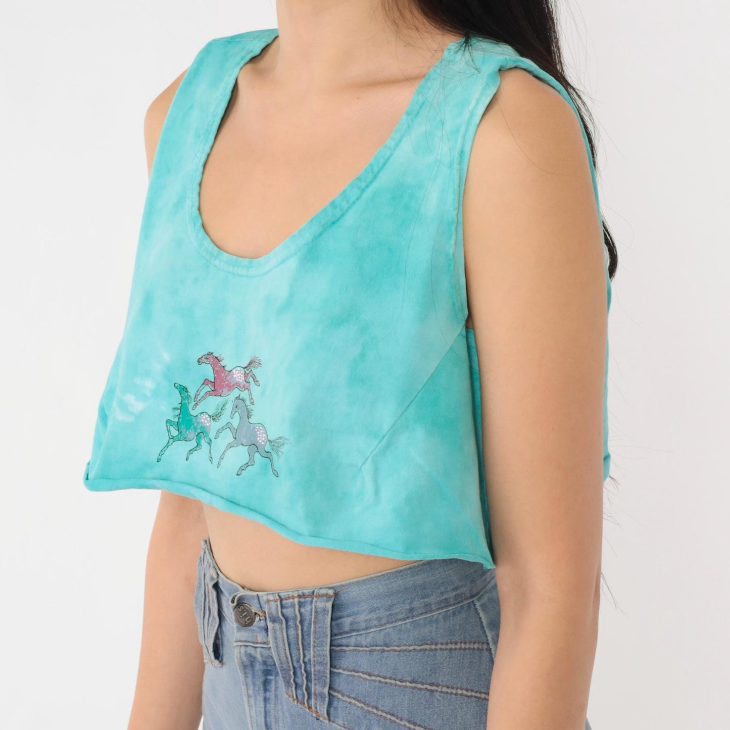 90s Horse Tie Dye Crop Tank Top Turquoise Scoop Neck Small Medium