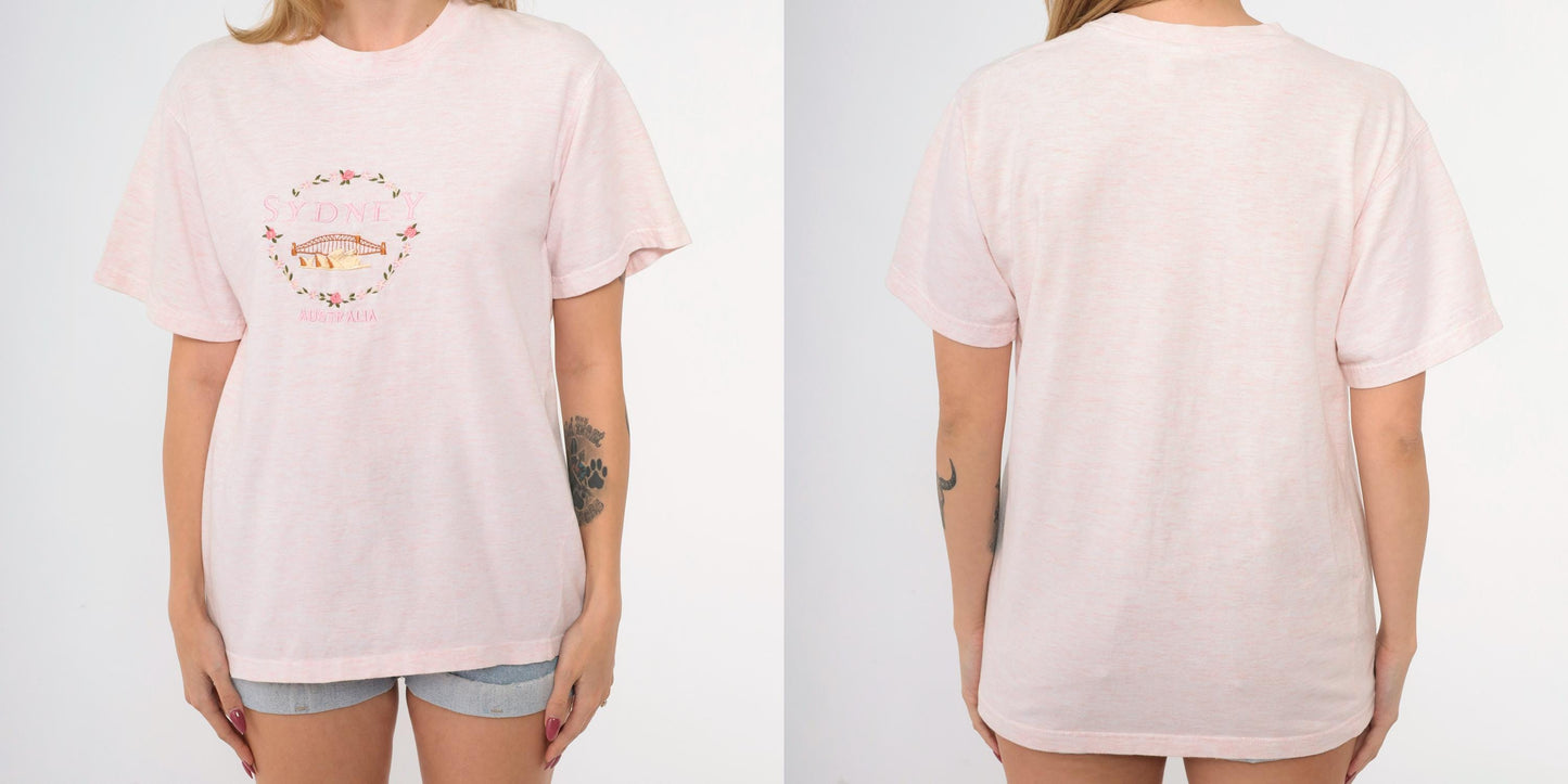 90s Sydney Australia Pink Embroidered Graphic T-Shirt Cotton Crewneck Medium