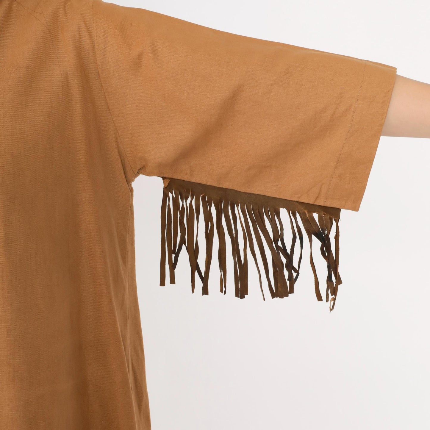 70s Tan Suede Fringe Tunic Dress Lace-Up Neckline Knee Length Medium M