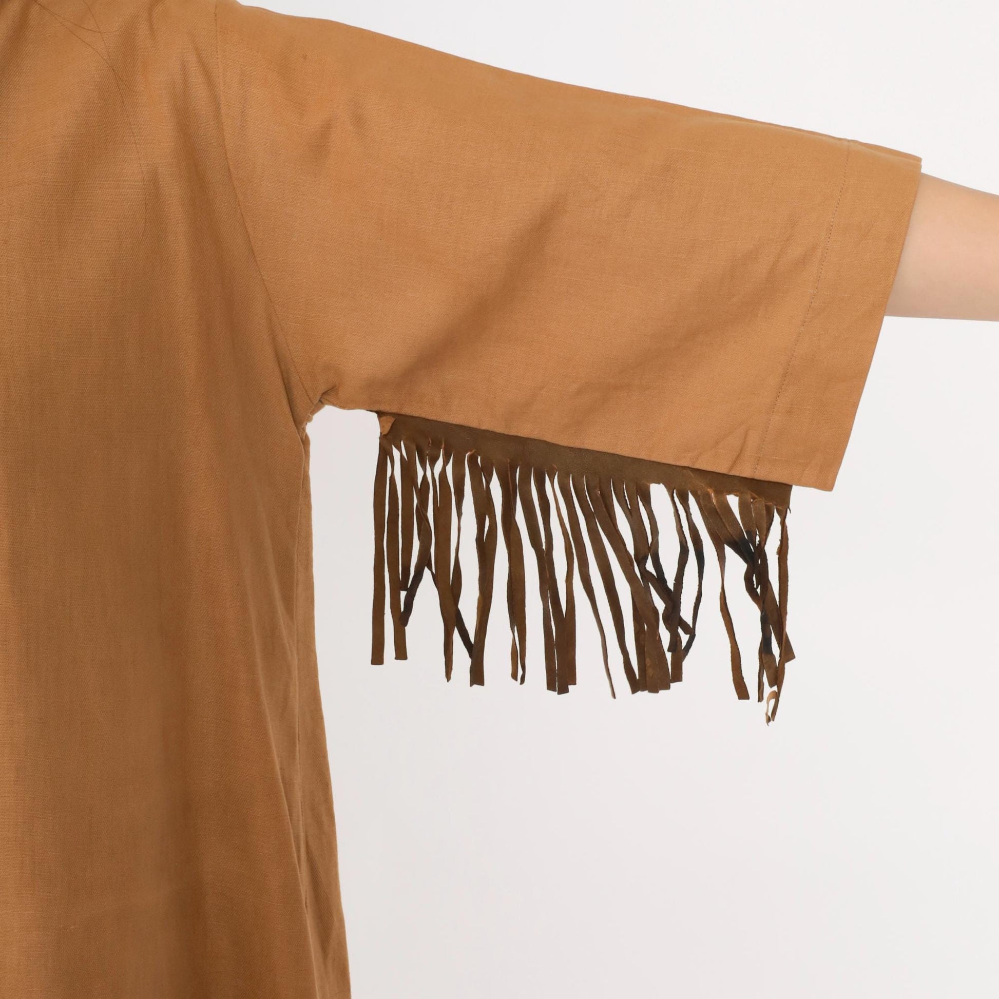 70s Tan Suede Fringe Tunic Dress Lace-Up Neckline Knee Length Medium M