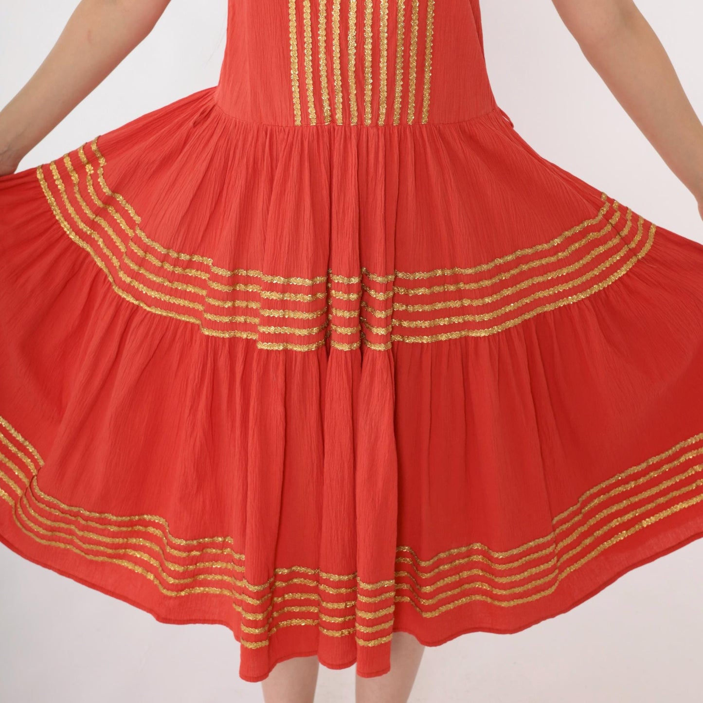 1950s Thunderbird Fashions Orange Crinkle Cotton Patio Dress Square Neckline Medium