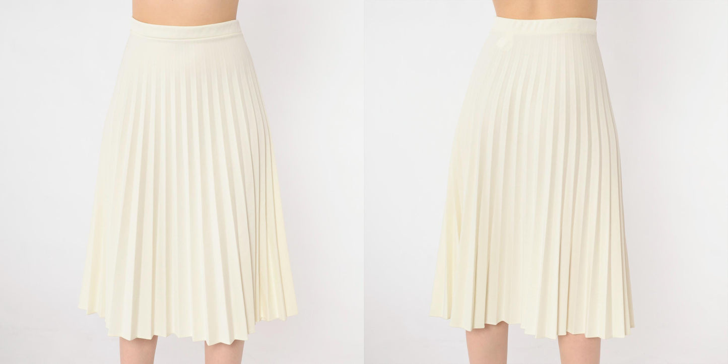 70s Cream Pleated Midi Skirt High Waist Elastic Large L