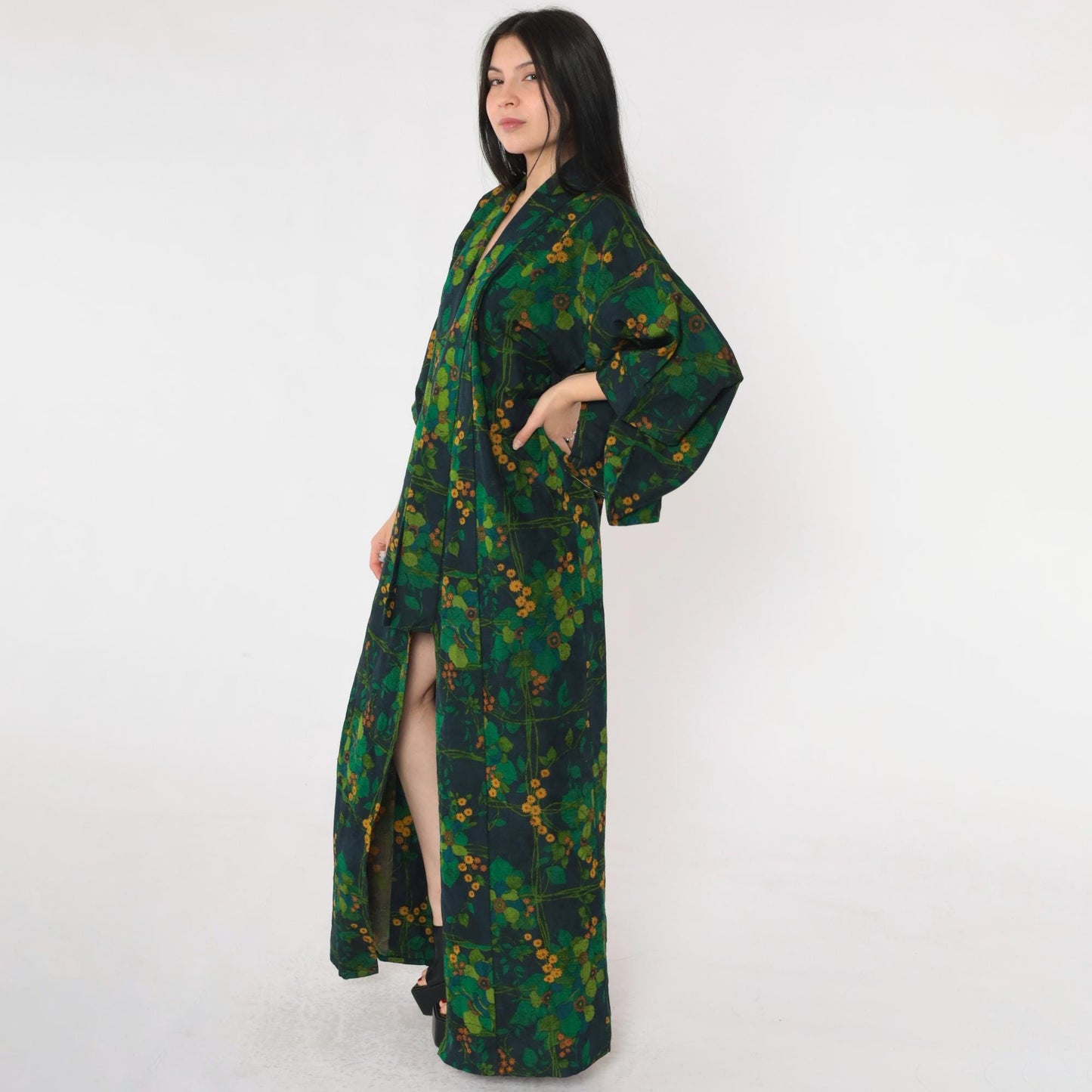 70s Green Floral Silk Kimono Robe Open Front Full Length