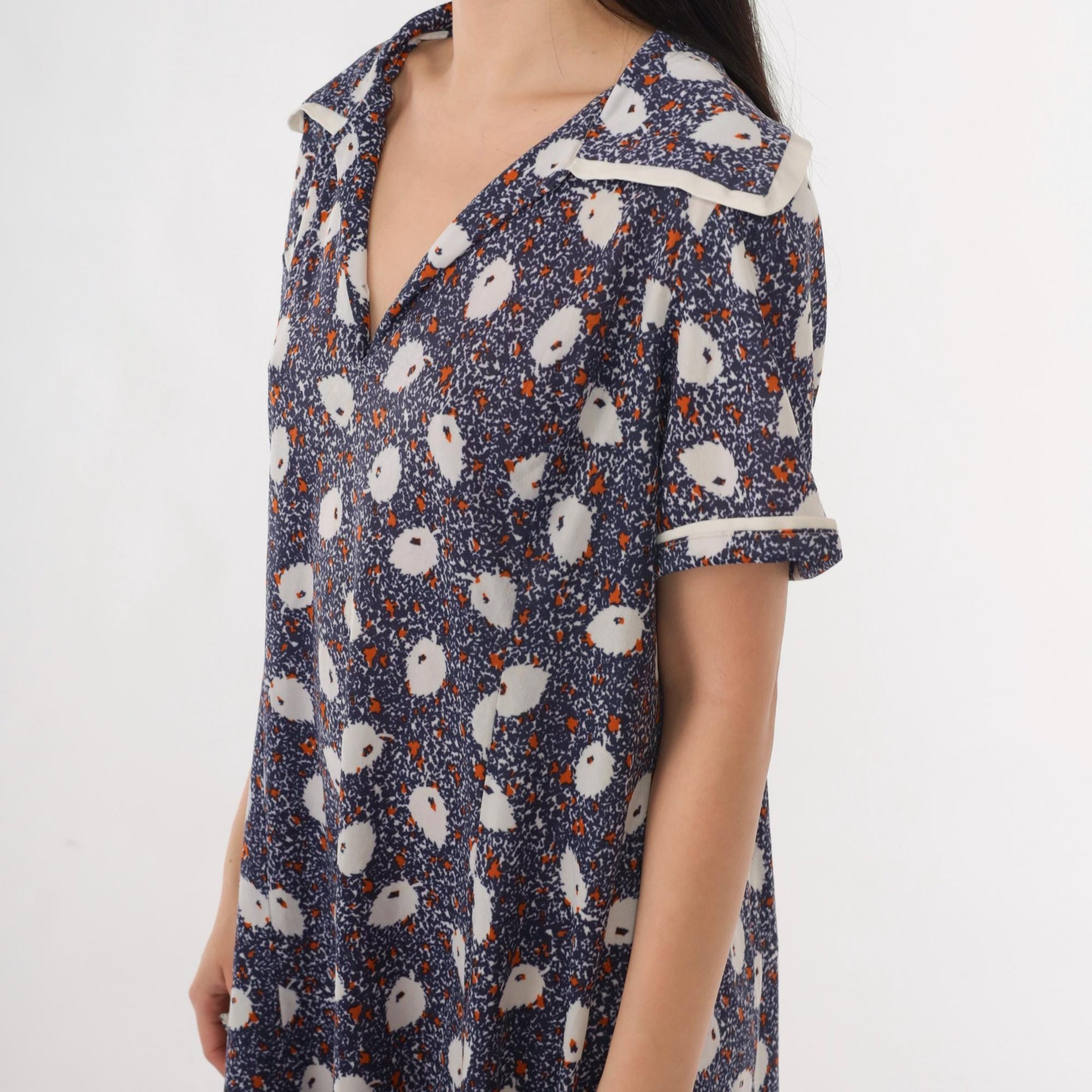 70s Blue Abstract Leaf Print Midi Dress Collared V-Neck Shift Large