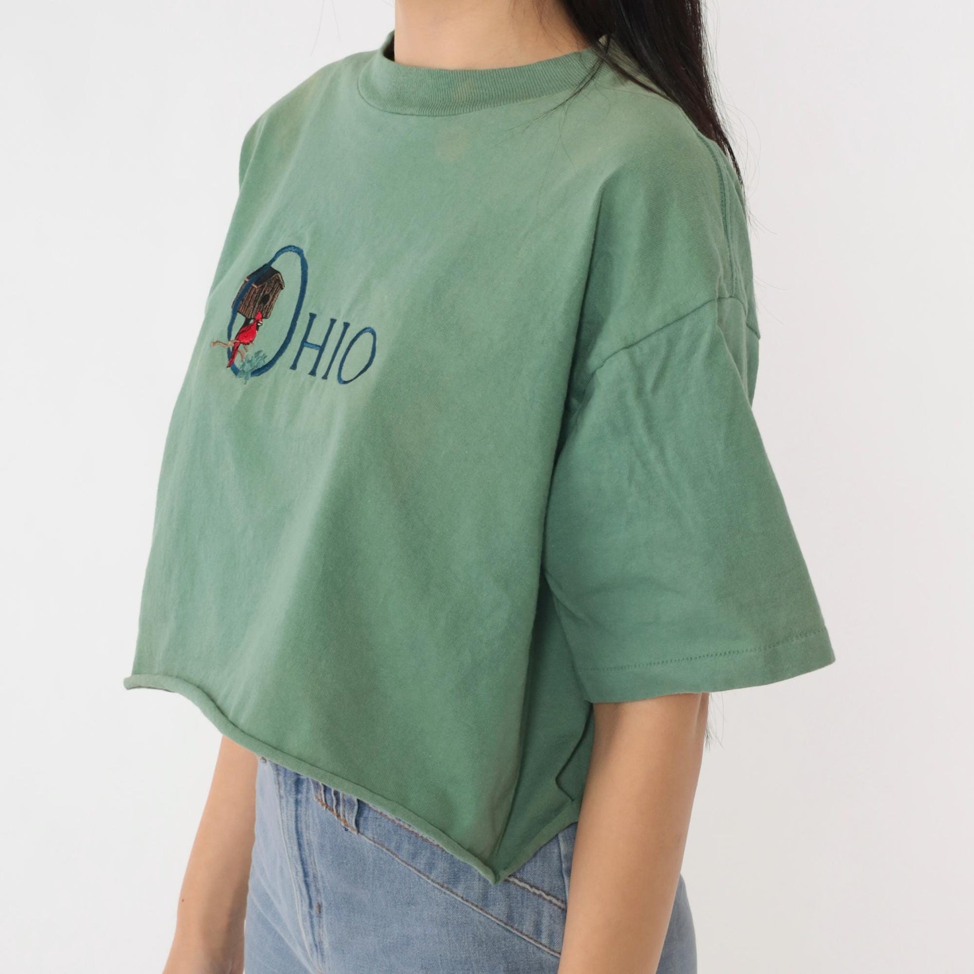 90s Ohio Cardinal Graphic T-Shirt Faded Green Crop Top Medium