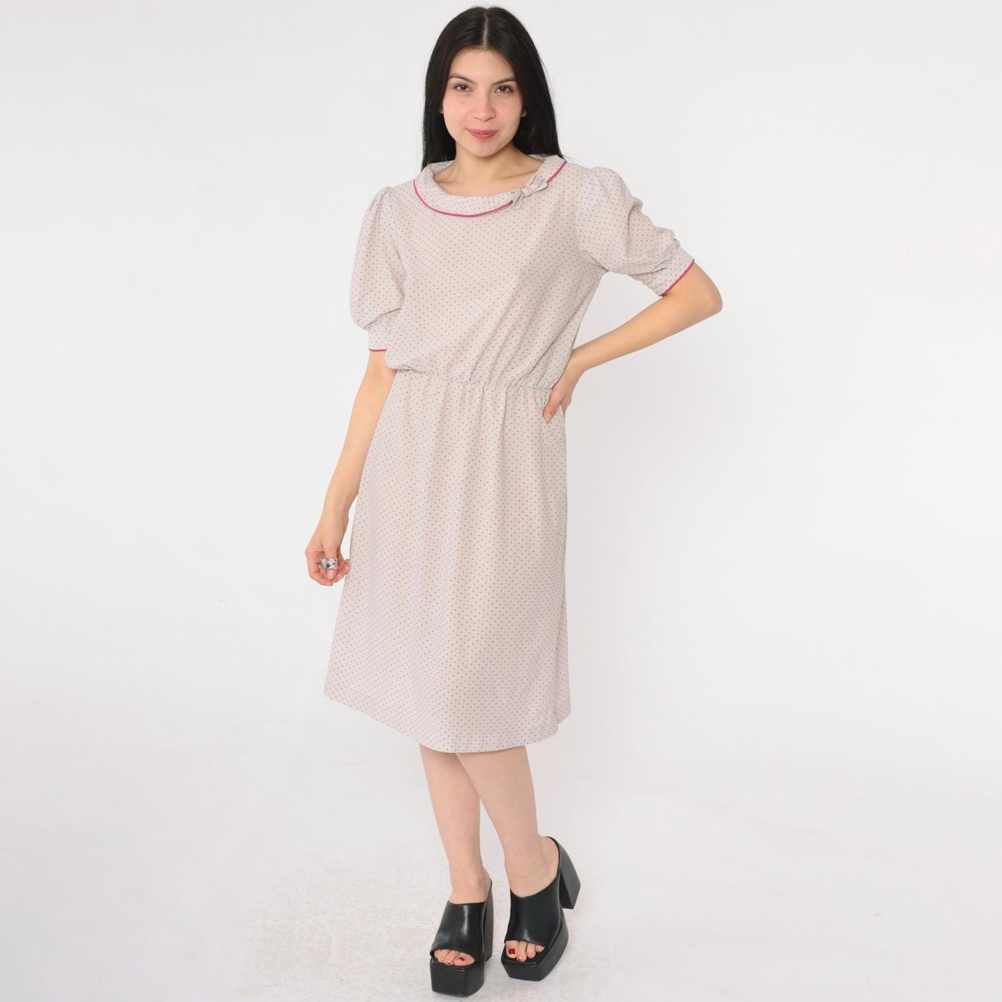 80s Grey Polka Dot Puff Sleeve Dress Pink Bow Collar High Waist Small