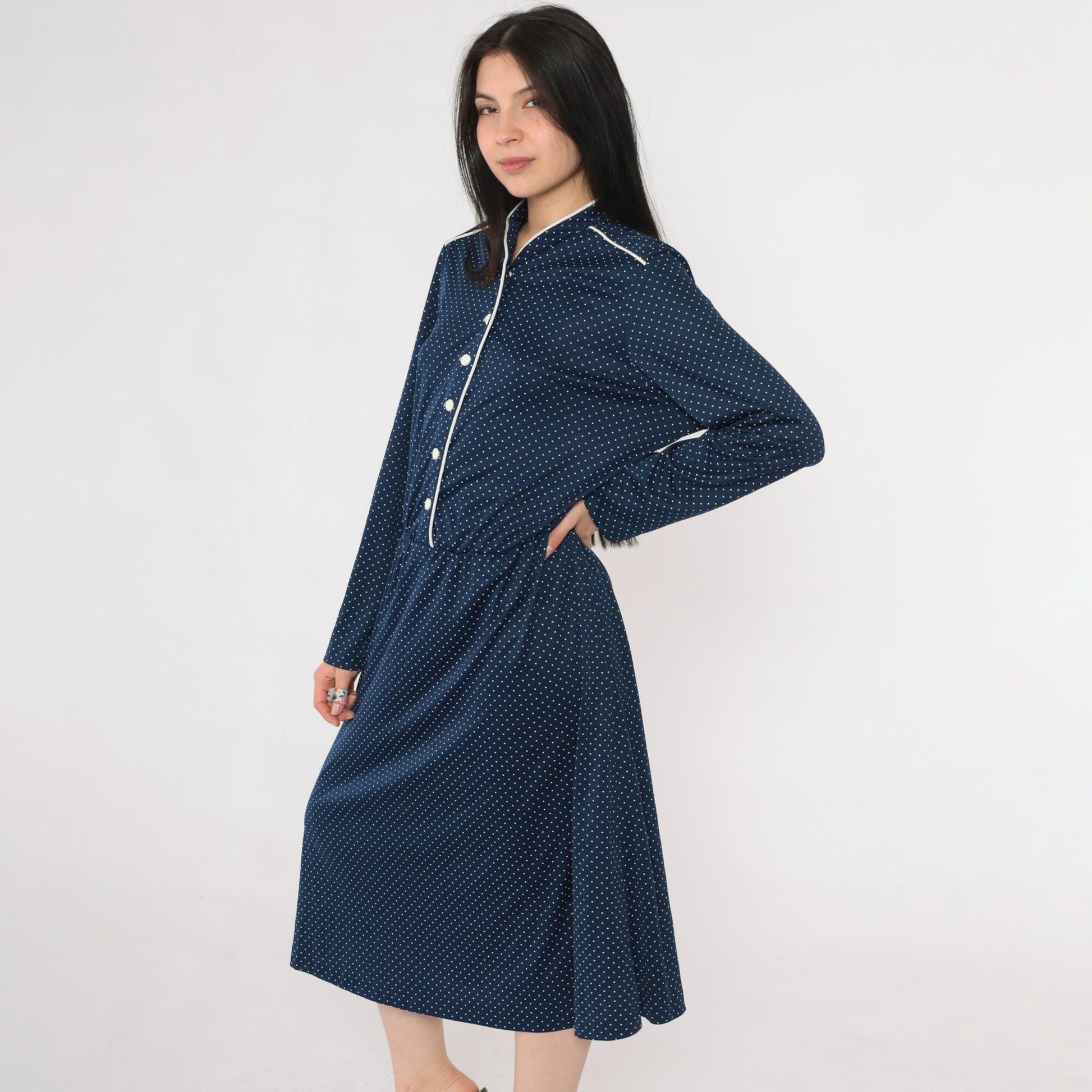 70s Polka Dot Midi Shirtdress Navy Blue High Waist Button Up Long Sleeve Large L