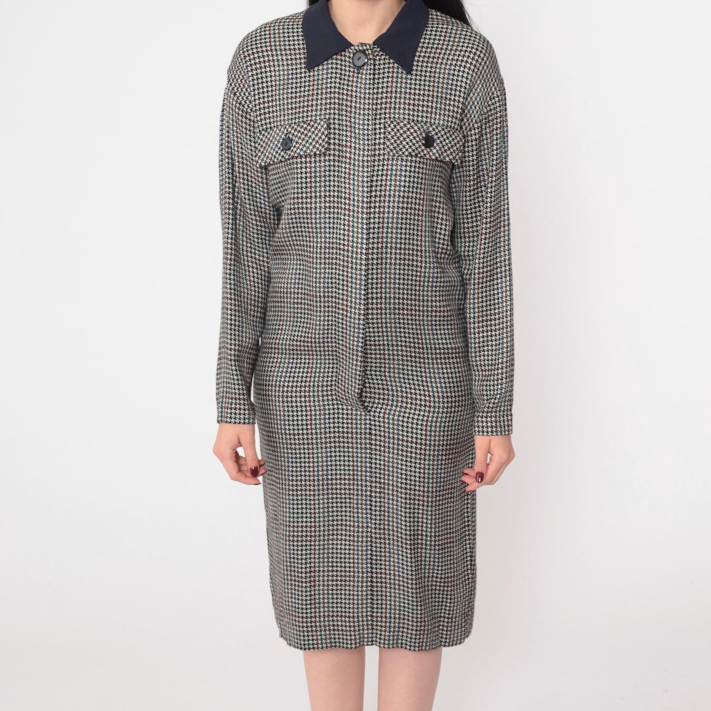 90s Houndstooth Midi Shirtdress Black White Checkered Button-Up Large