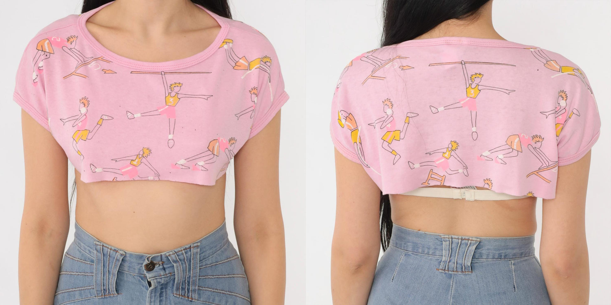 80s Track and Field Crop Top Pink Graphic Tee Cartoon Runners Small