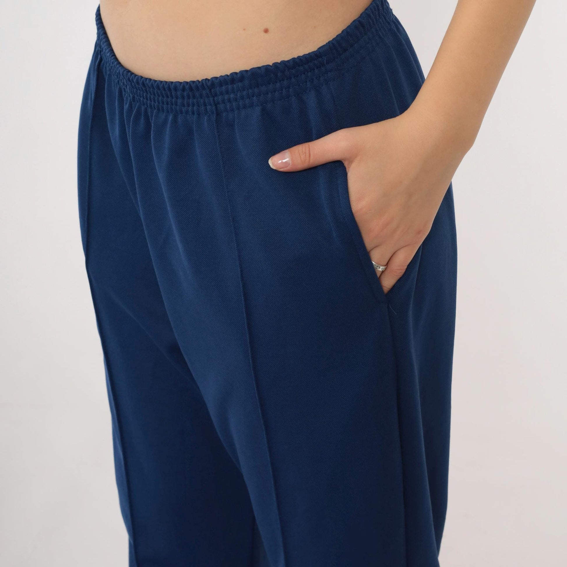 80s Navy High-Rise Straight Leg Elastic Waist Pull-On Trousers Medium