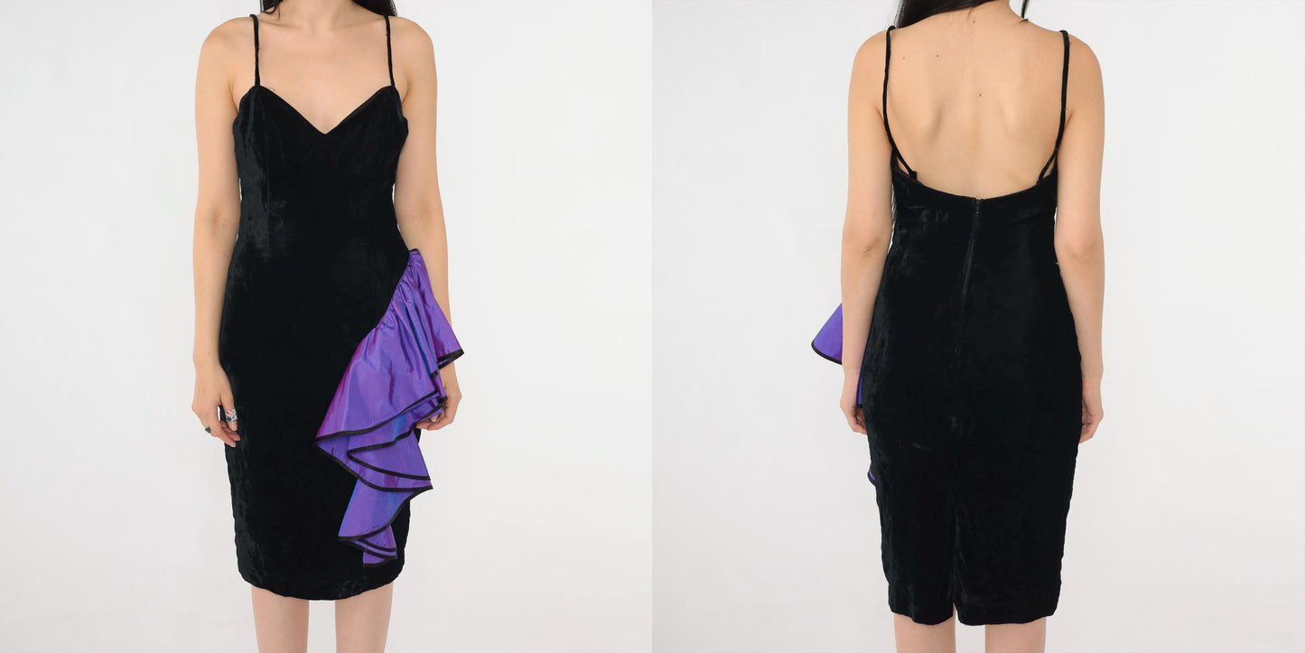 80s Black Velvet Knee-Length Dress Purple Taffeta Ruffle Sweetheart Neckline Small