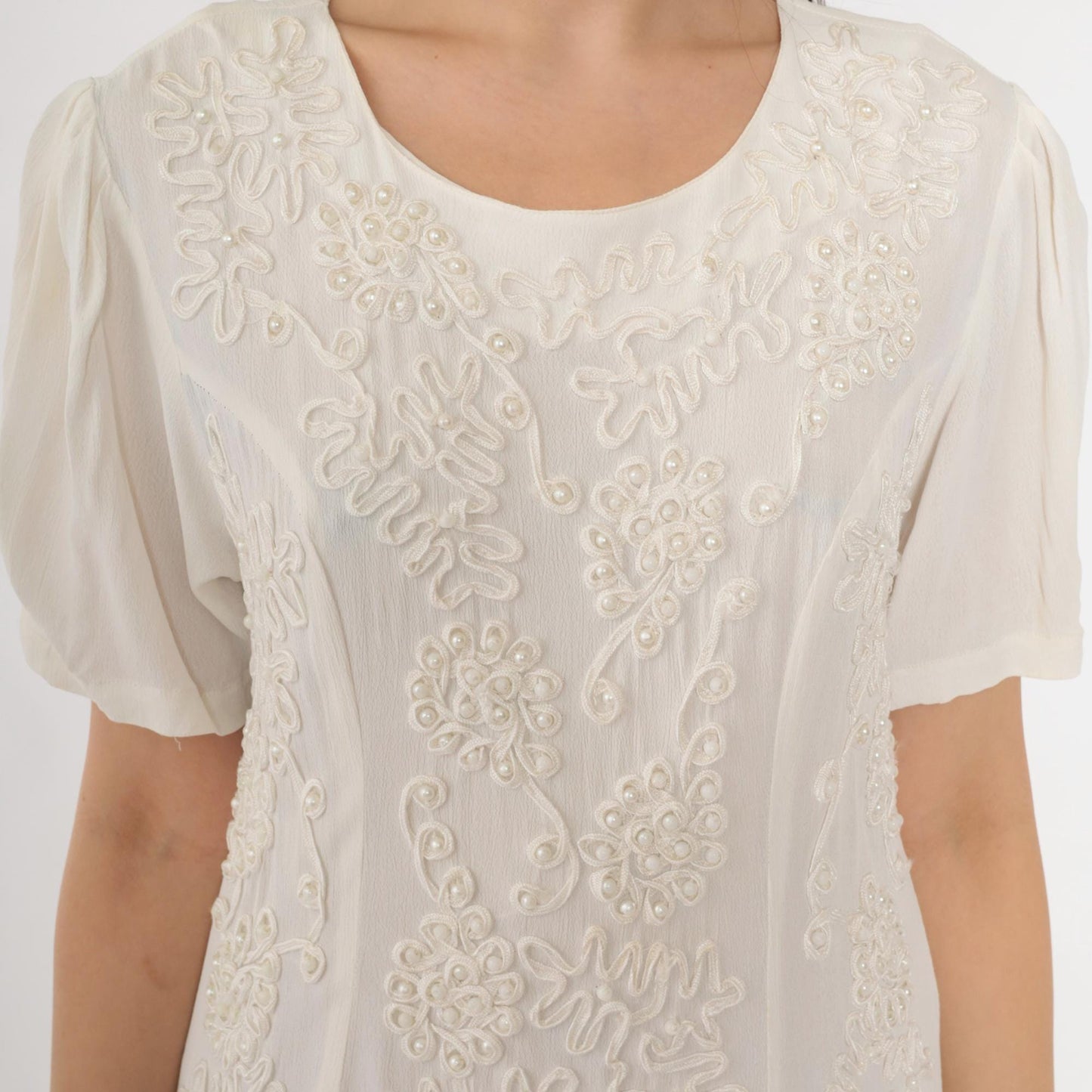 90s Sarin White Beaded Soutache Midi Dress Puff Sleeve Low Waist Small