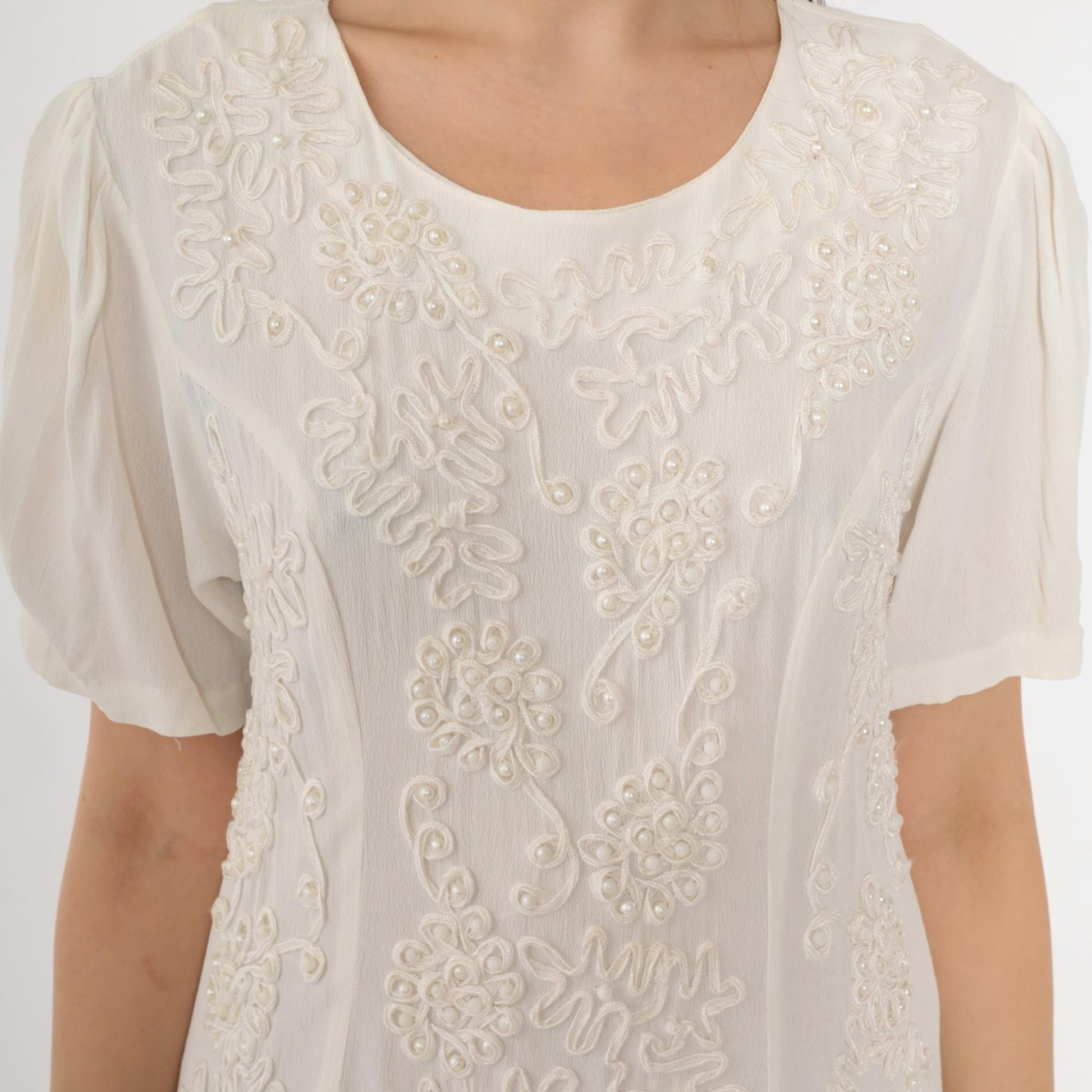 90s Sarin White Beaded Soutache Midi Dress Puff Sleeve Low Waist Small