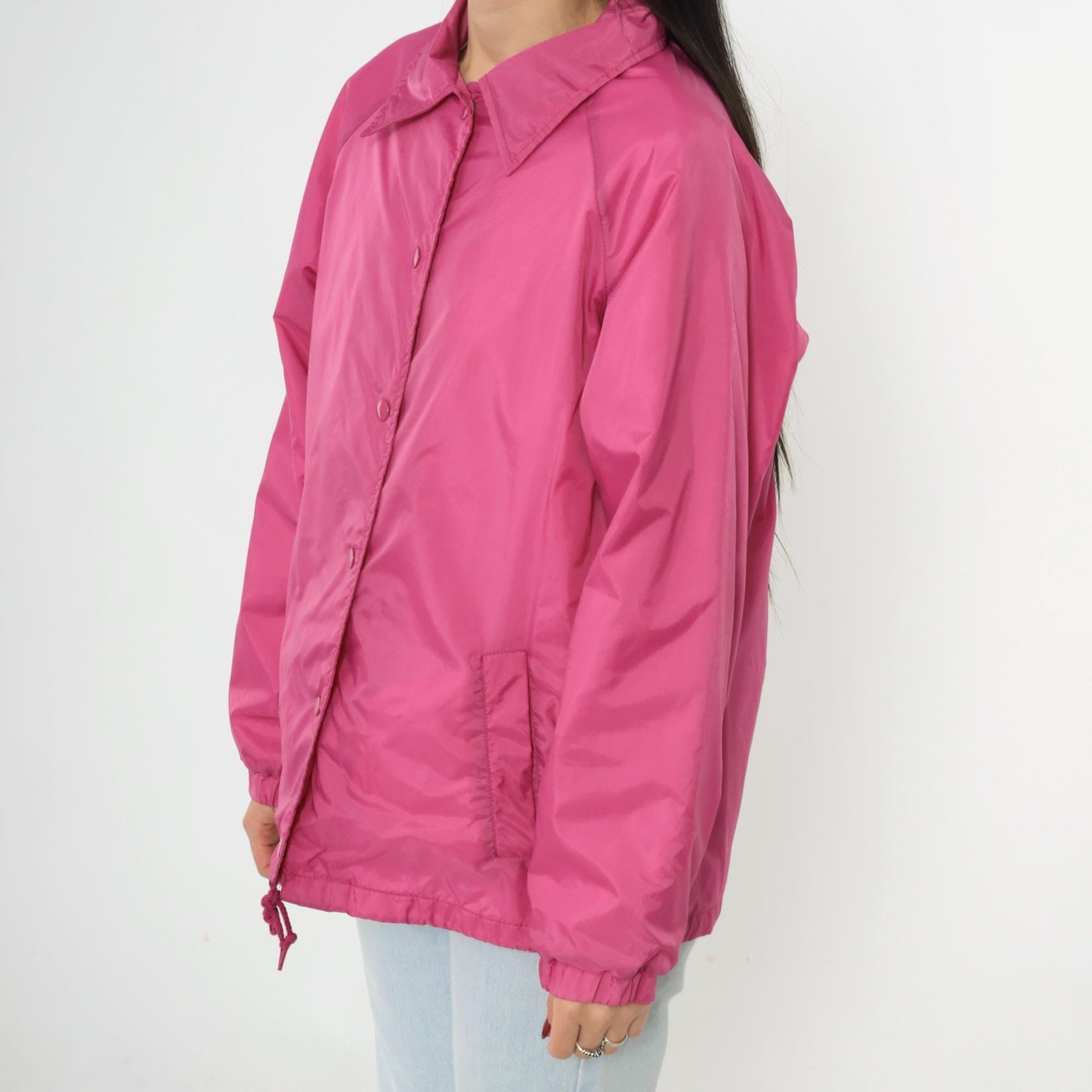 80s Pink Nylon Windbreaker Jacket Snap Front Raglan Drawstring Medium
