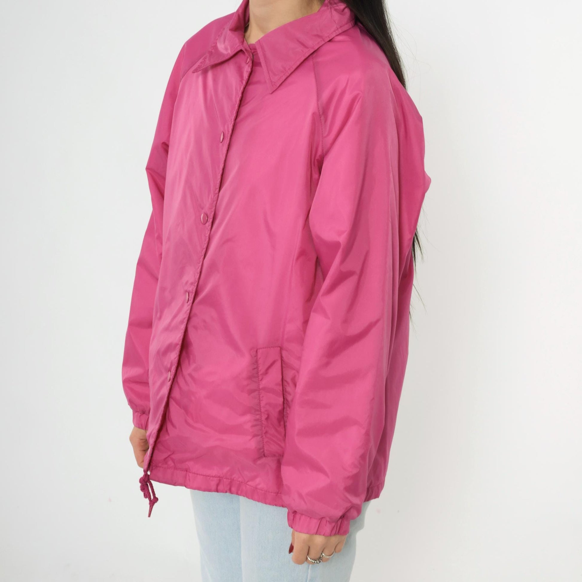 80s Pink Nylon Windbreaker Jacket Snap Front Raglan Drawstring Medium