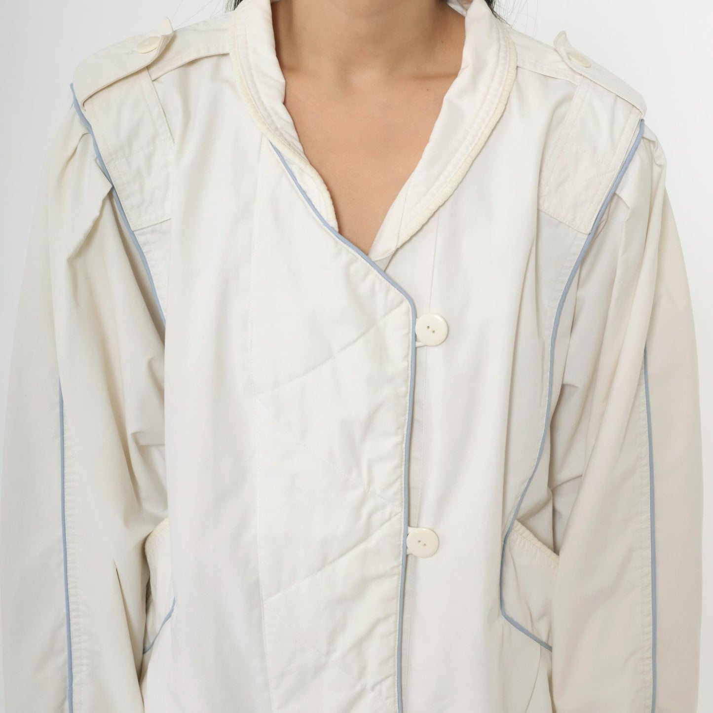 80s White Windbreaker Jacket Puff Sleeve Epaulet Bomber Medium