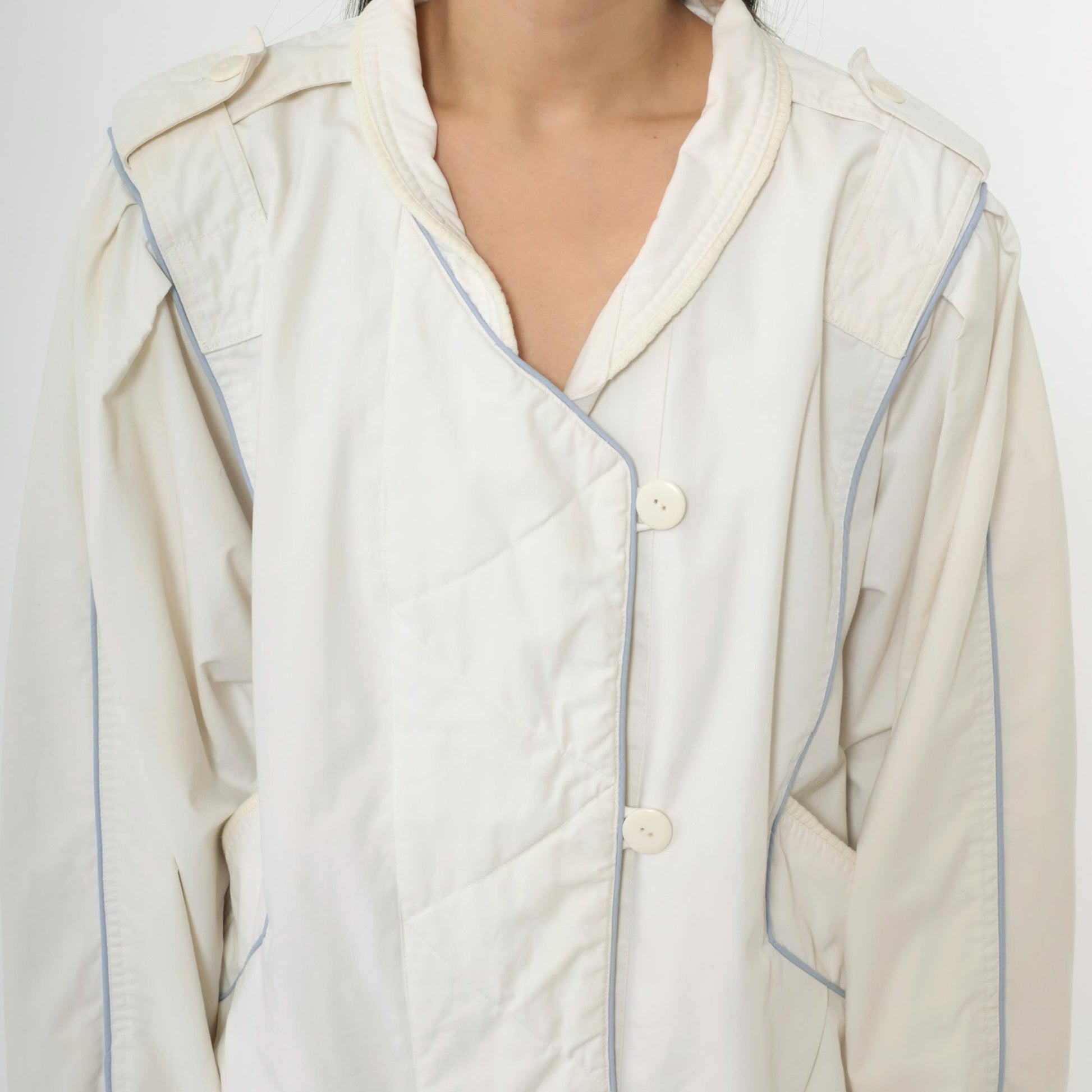 80s White Windbreaker Jacket Puff Sleeve Epaulet Bomber Medium