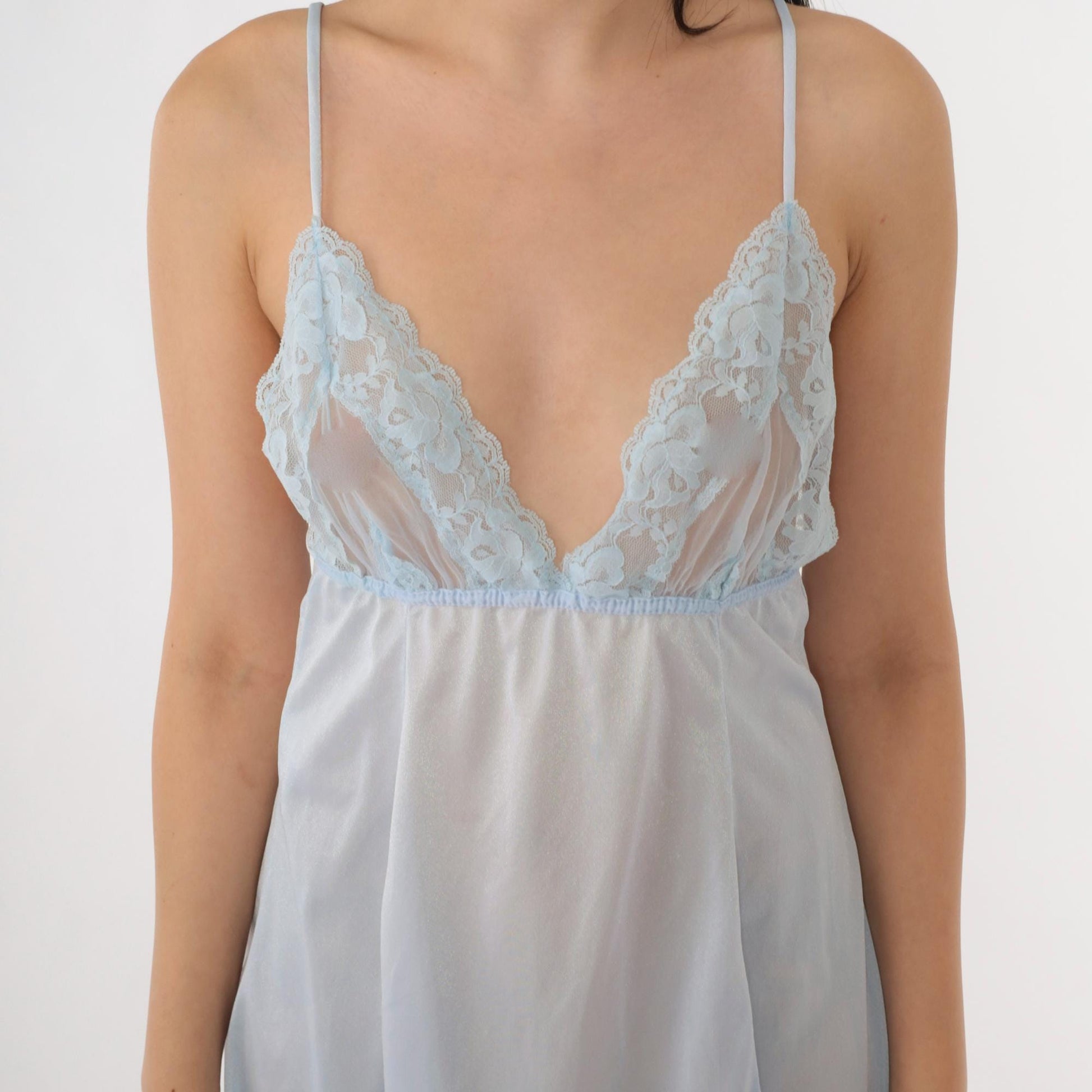 1970s Light Blue Slip Dress Sheer Lace V-Neck Spaghetti Strap Mini Extra Small