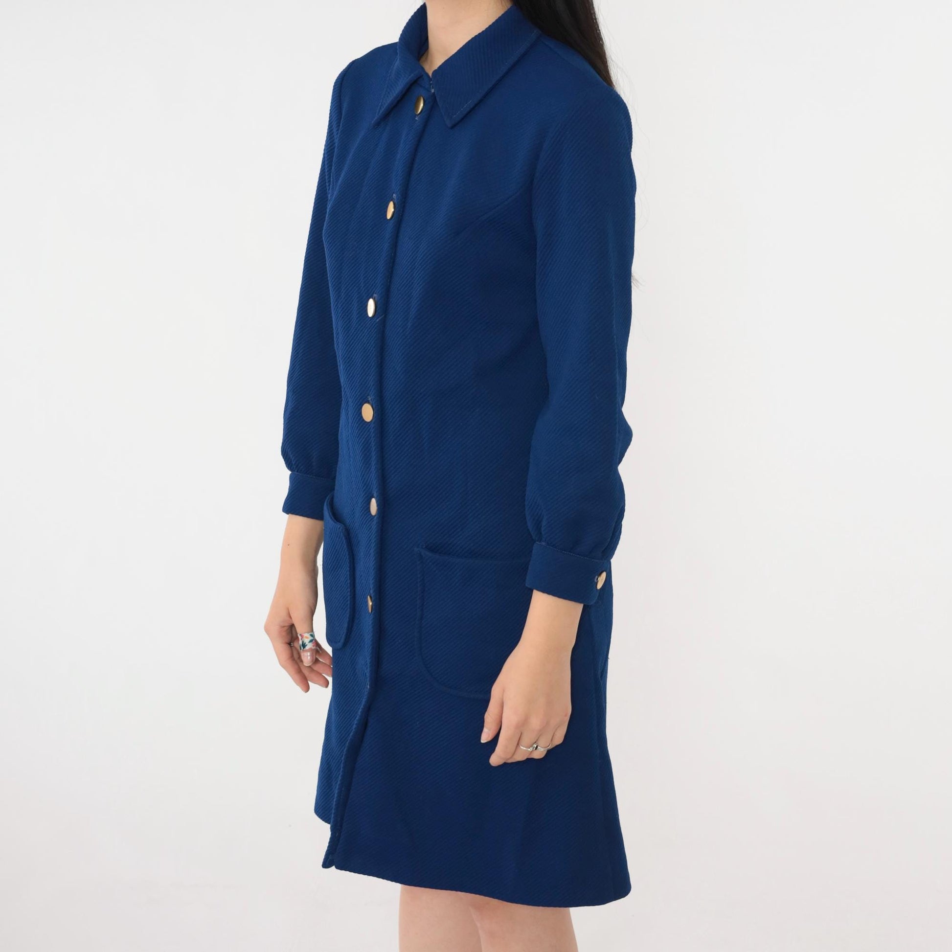 70s Mod Navy Mini Shift Dress Pointed Collar Long Sleeve Button Up Small Medium