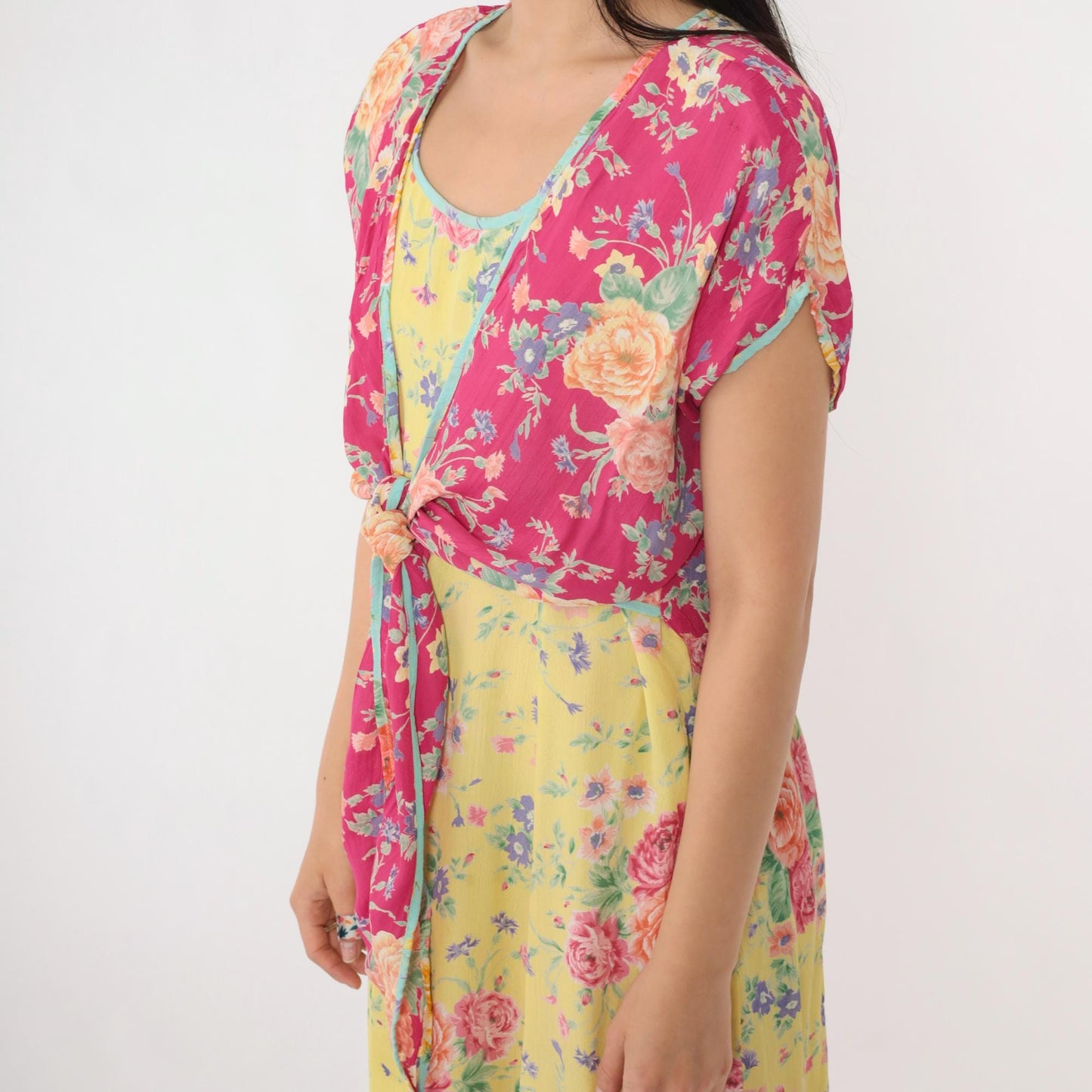 90s Bila Floral Maxi Dress Yellow Pink Rayon Tie Overlay Scoop Neck Large L