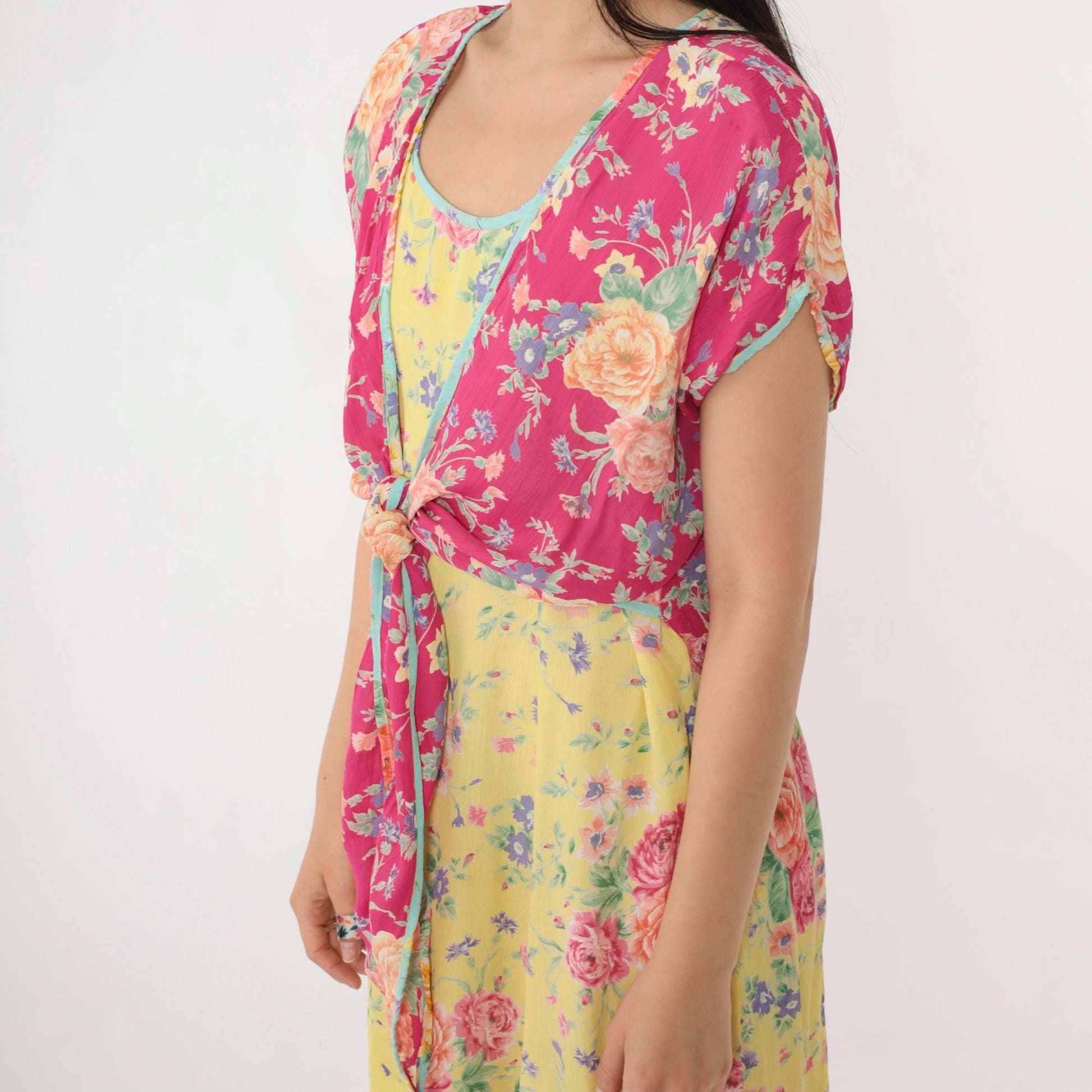 90s Bila Floral Maxi Dress Yellow Pink Rayon Tie Overlay Scoop Neck Large L