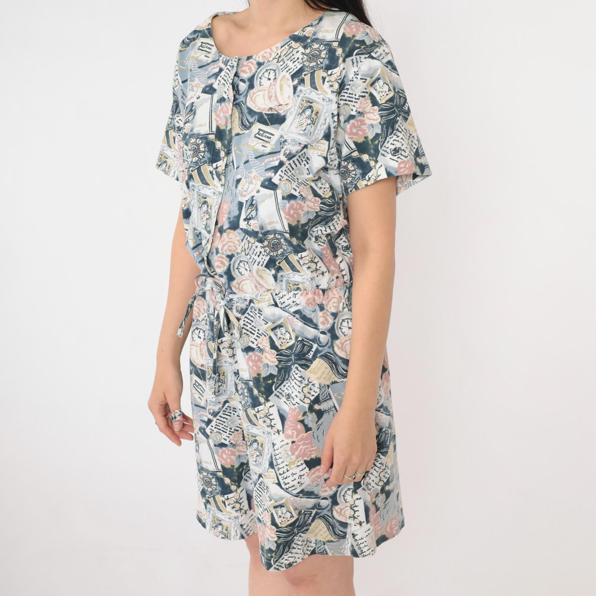 90s Abstract Print Romper Teacup Newspaper Button Front Drawstring Medium M