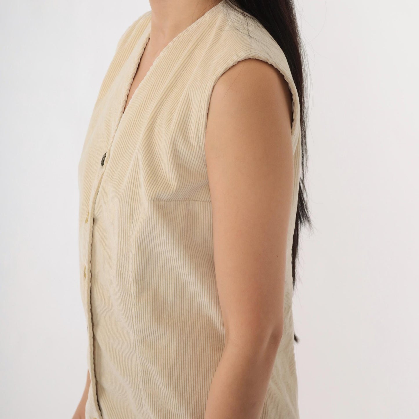 90s Beige Corduroy Button-Up Dress Sleeveless Knee-Length Jumper Small S