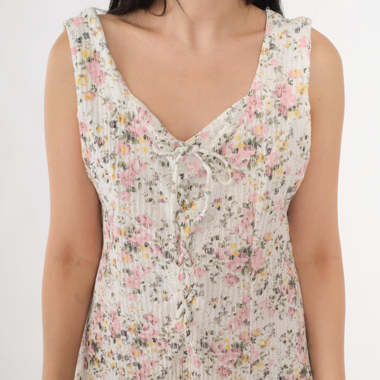 90s Evans Floral Romper White Lace-Up Corset Bodice Wide Leg Medium Large