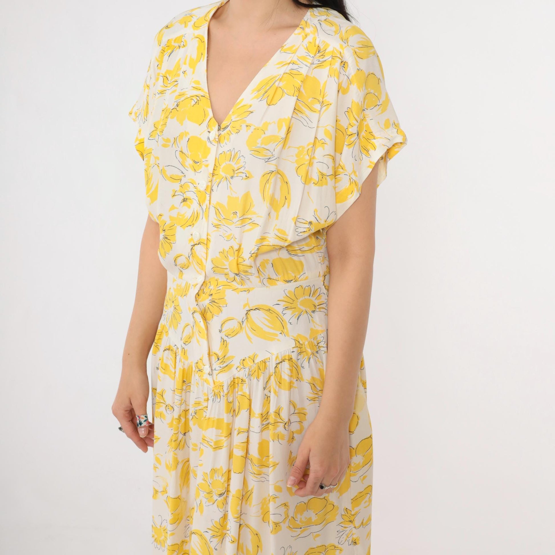 80s E.D. Michaels Yellow Floral Drop Waist Midi Dress V Neck Button Front Small
