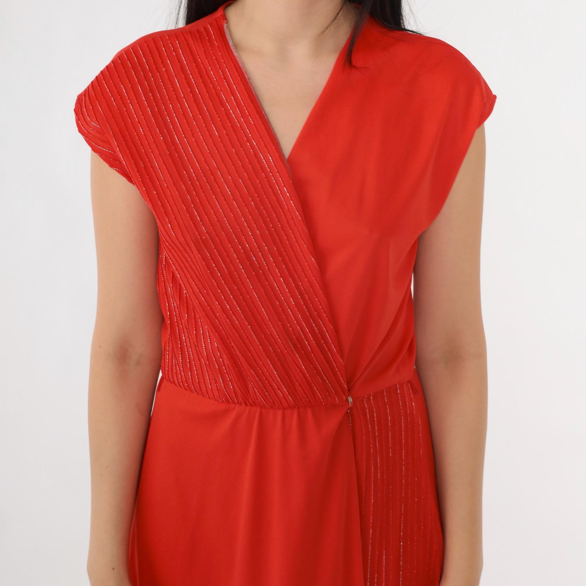 70s Red Metallic Striped Wrap Dress V Neck Midi Cap Sleeve Small