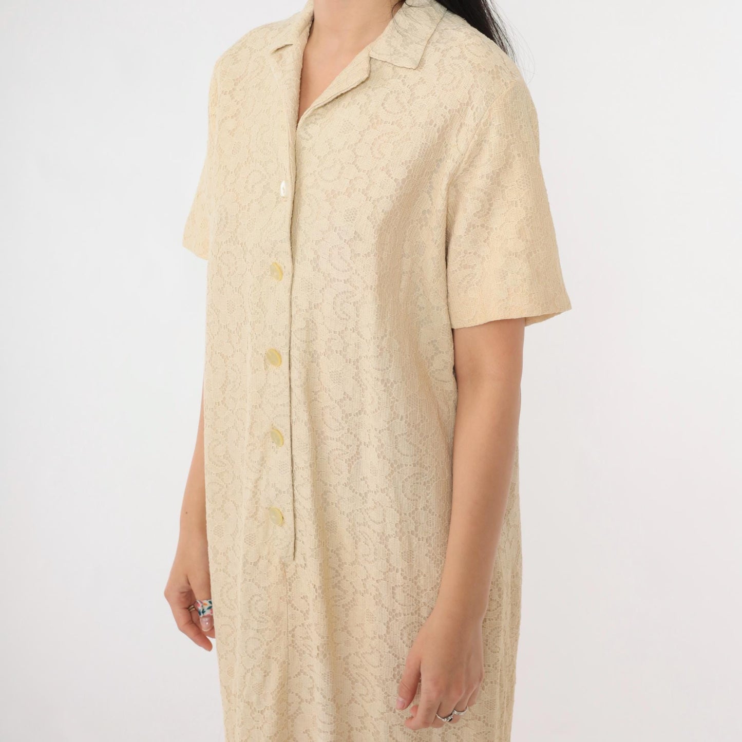 60s Cream Lace Shift Dress Button Front Knee Length Short Sleeve Medium M