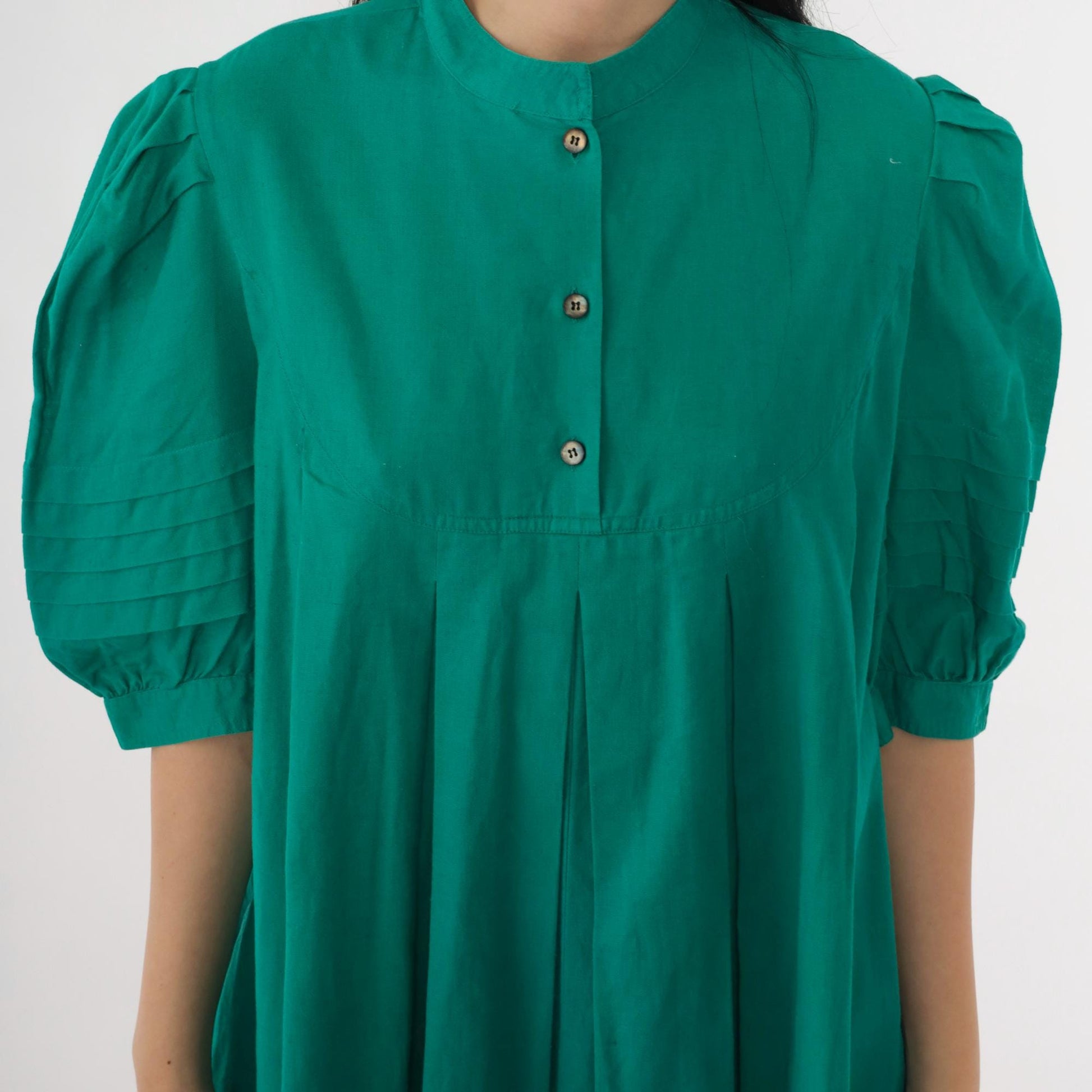 80s Jordache Green Puff Sleeve Mini Dress Pleated Tent Cut Button Bib Medium