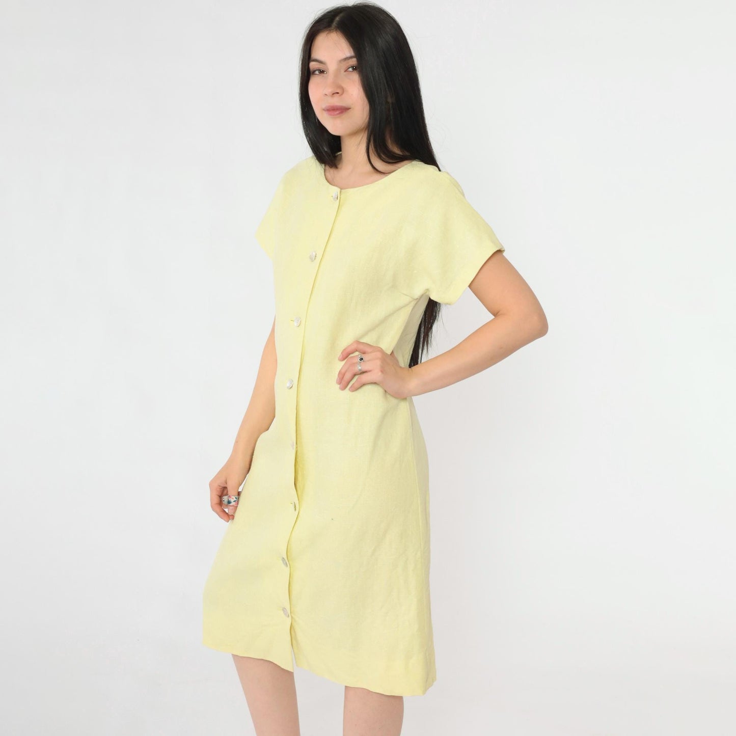 90s Yellow Linen-Look Button-Up Shift Dress Short Sleeve Small S