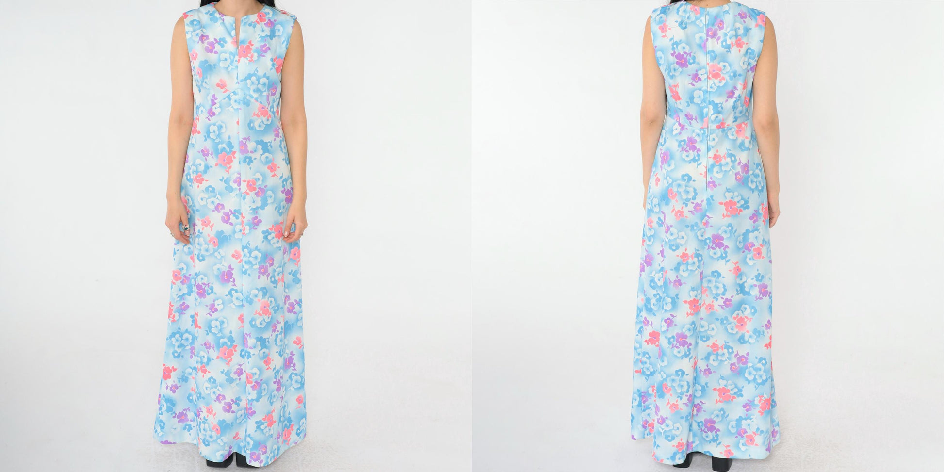 70s Floral Maxi Dress Blue Pink Botanical Print High Waist Slit Neck Small Medium