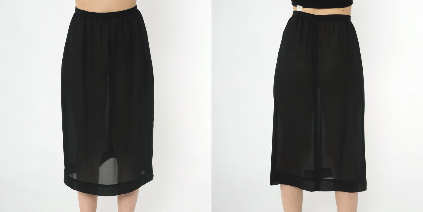 80s Black Sheer Midi Skirt High Waist Straight Cut Small