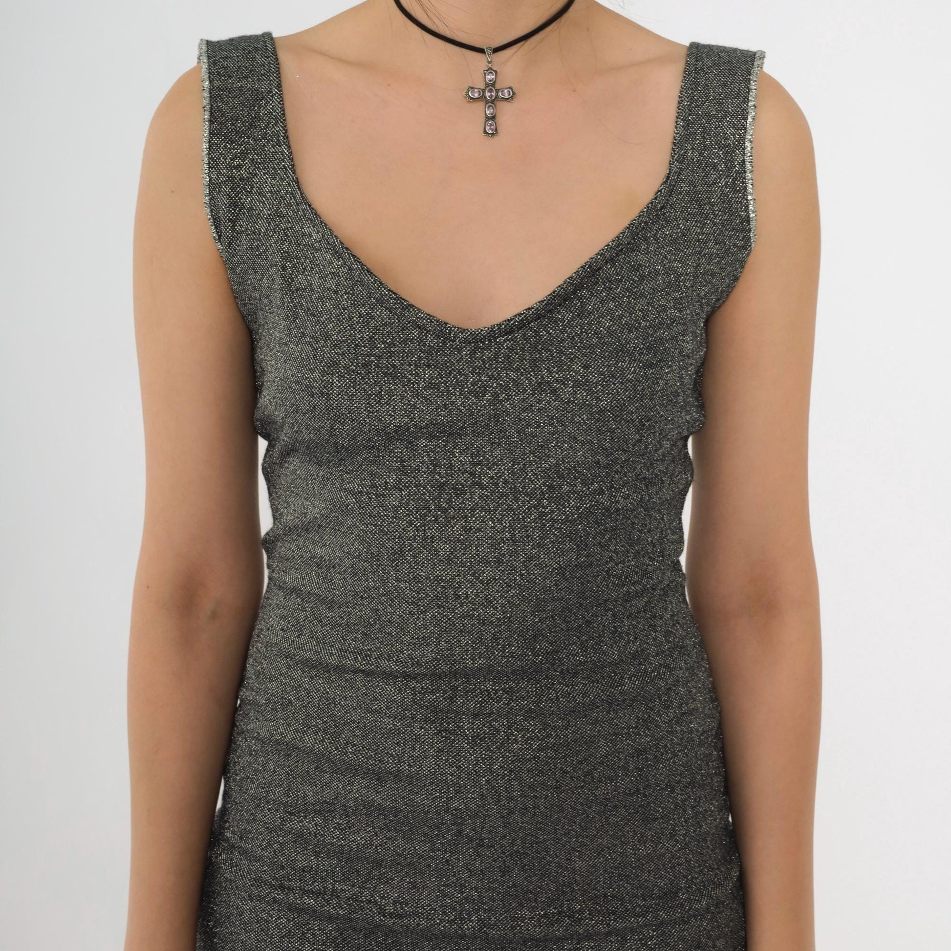 90s Sparkly Silver Black Bodycon Mini Dress Scoop Neck Sleeveless XS
