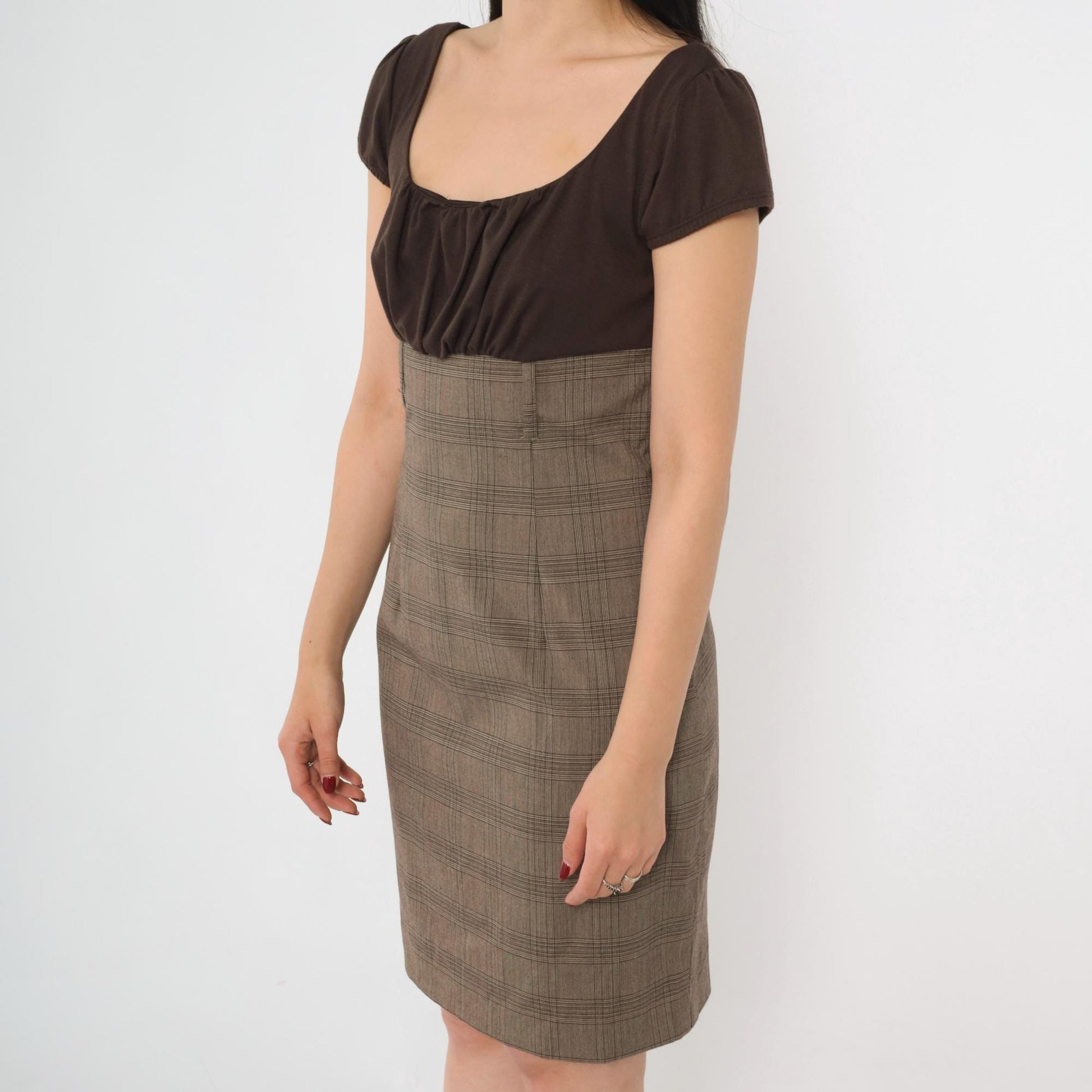 Y2K Brown Plaid Mini Dress Puff Sleeve Empire Waist Scoop Neck Small 7
