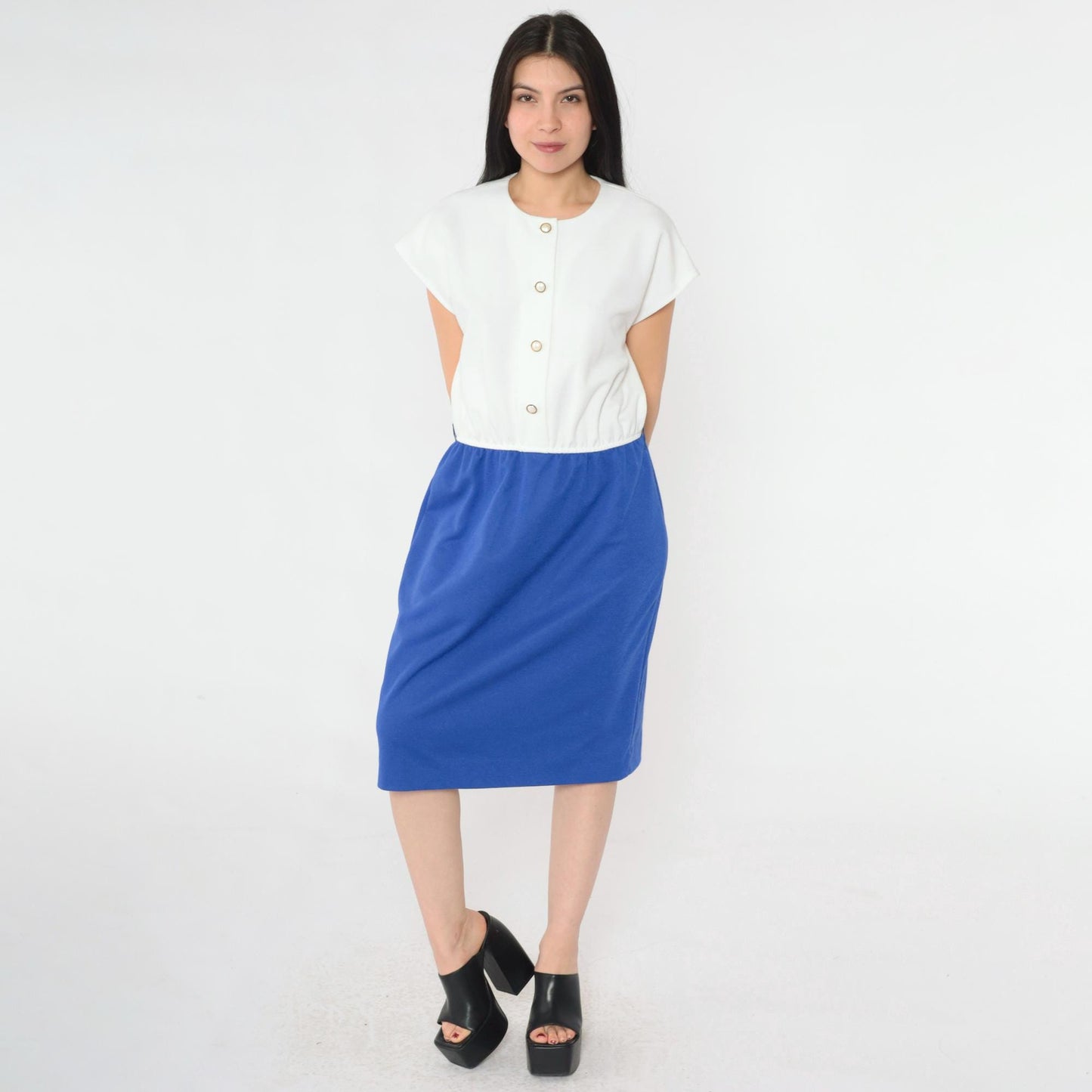 80s Leslie Fay Two-Tone Button-Up Midi Shirtdress Blue White Medium
