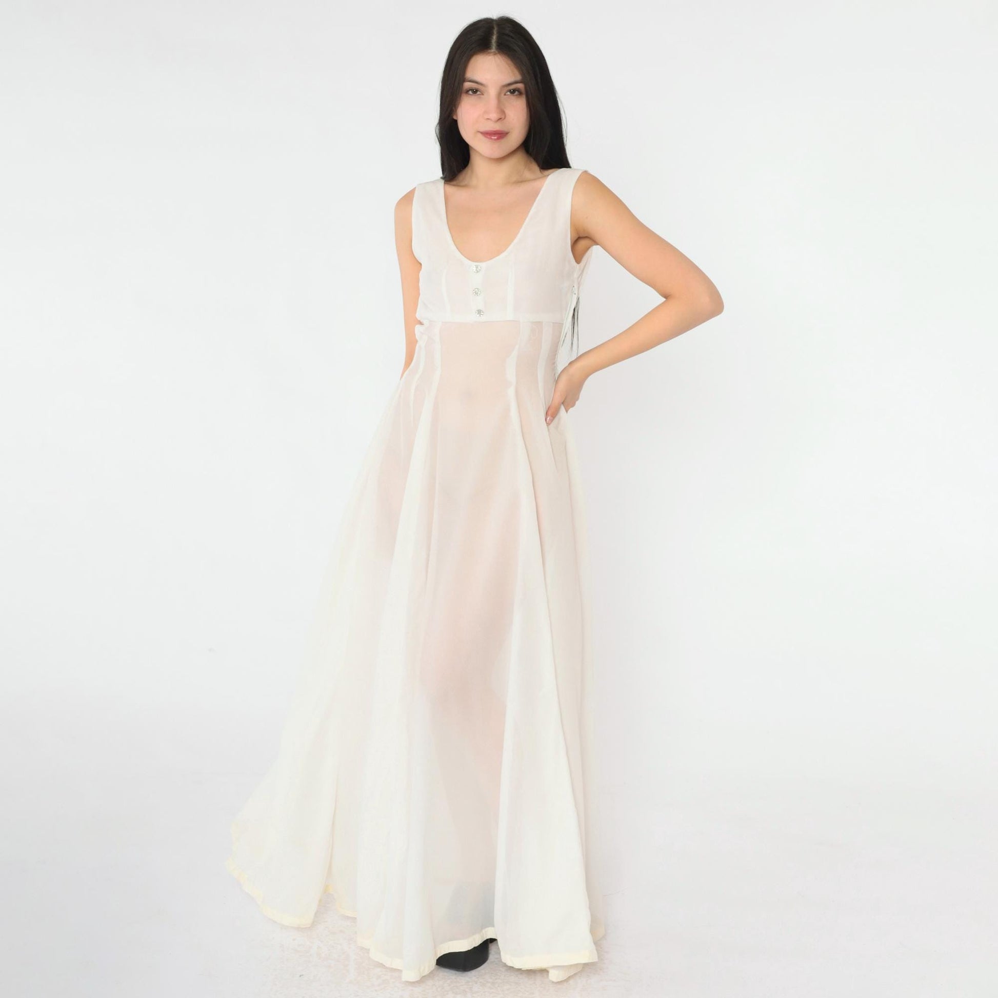 1940s Sheer White Sleeveless Gown Rhinestone Button Empire Waist Floor-Length Small