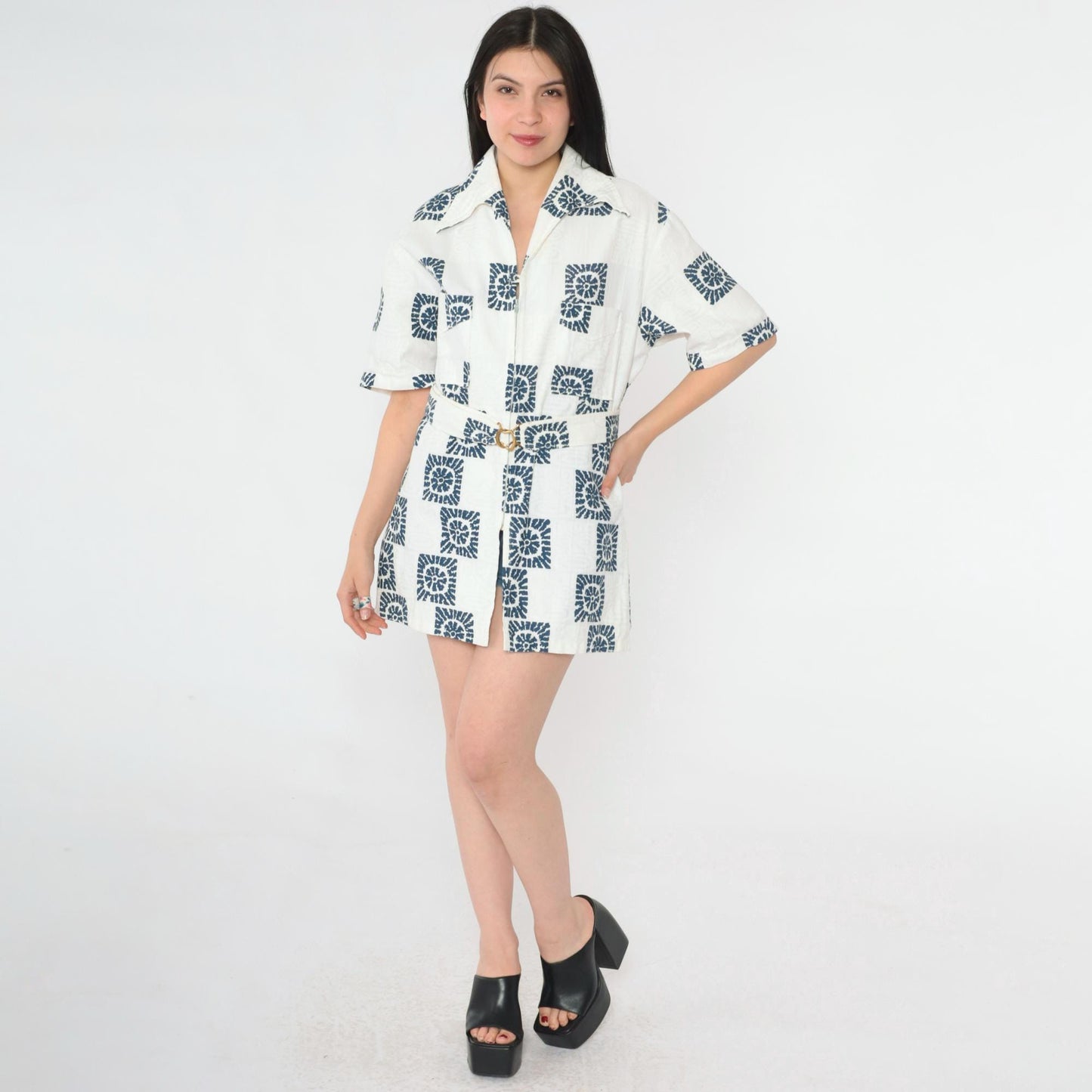 70s Iolani Hawaii Navy Sunburst Cotton Zip Shirt Geometric Print Large