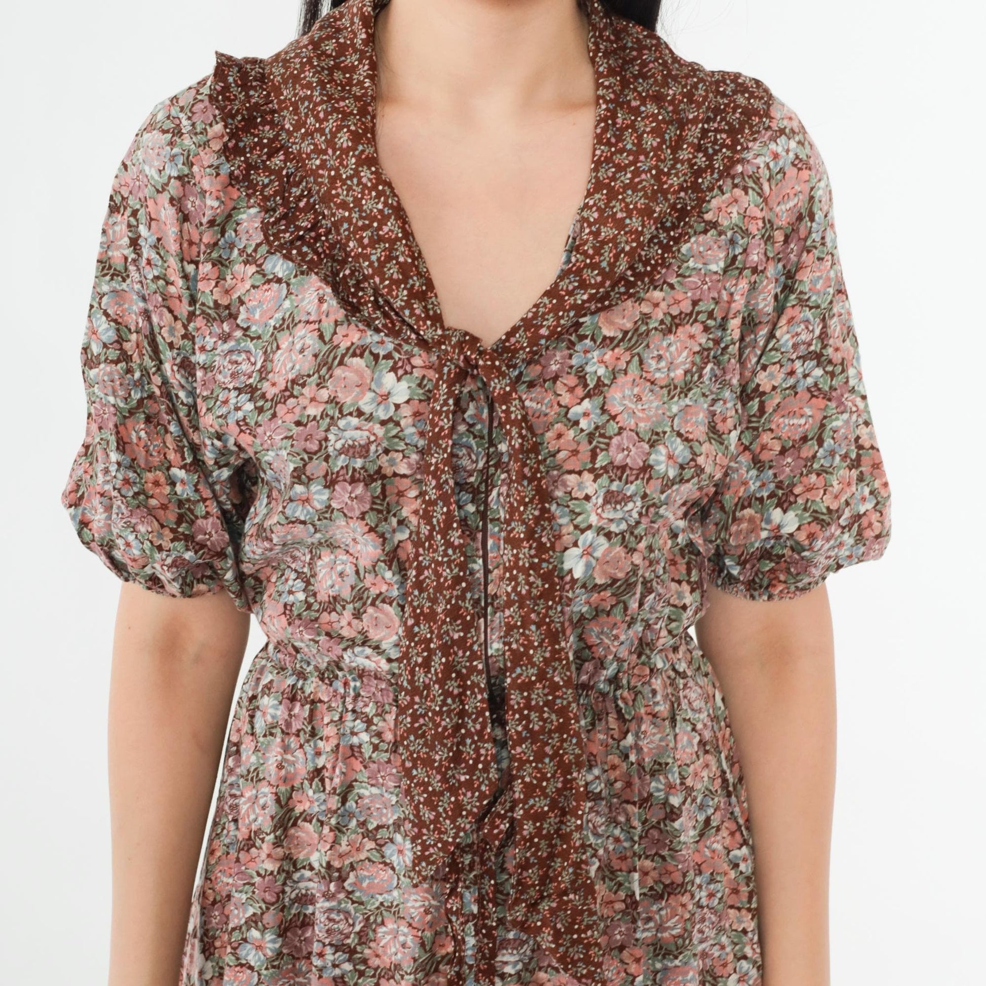 70s Oops California Floral Peasant Midi Dress Brown Pink Necktie Small