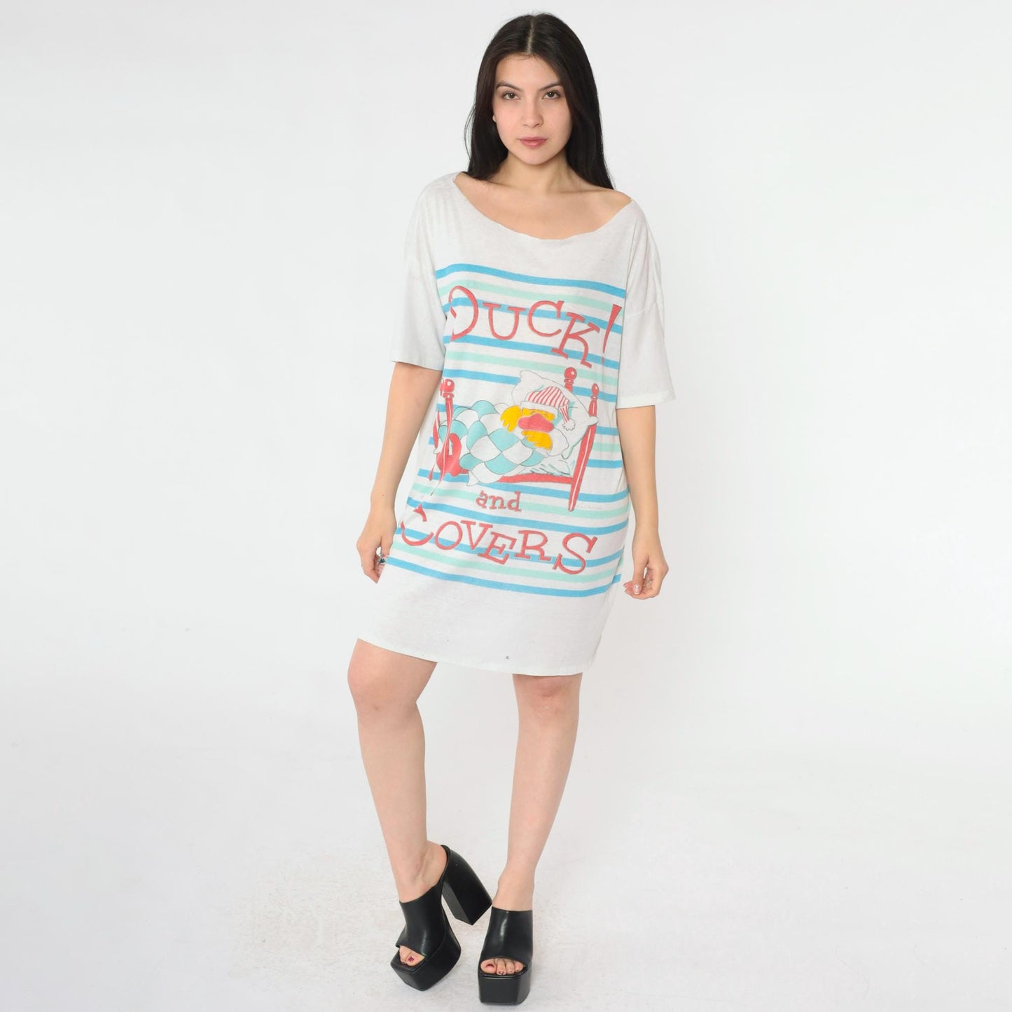 80s Duck and Covers Nightshirt Striped Cotton Sleep Tee Graphic Dress