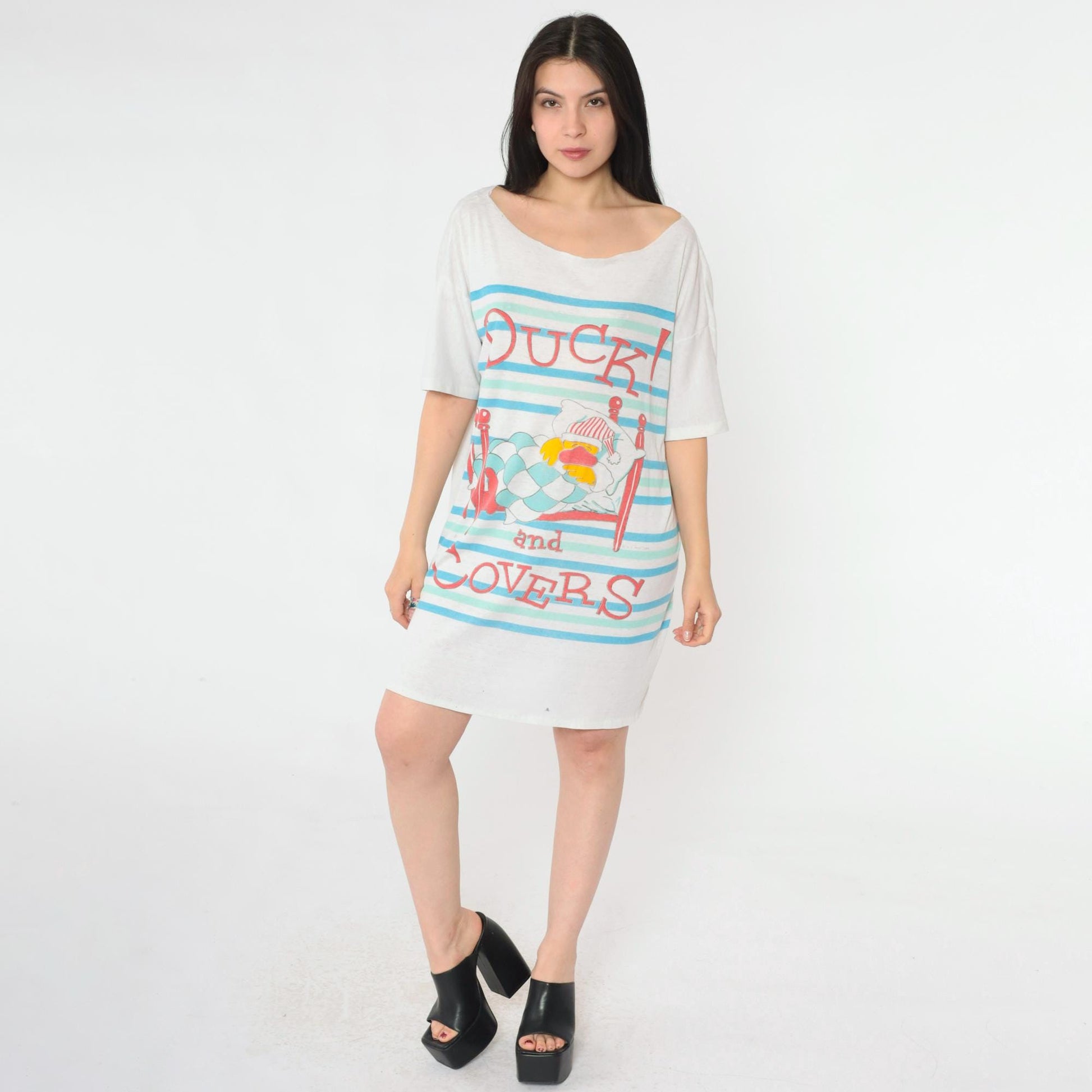 80s Duck and Covers Nightshirt Striped Cotton Sleep Tee Graphic Dress