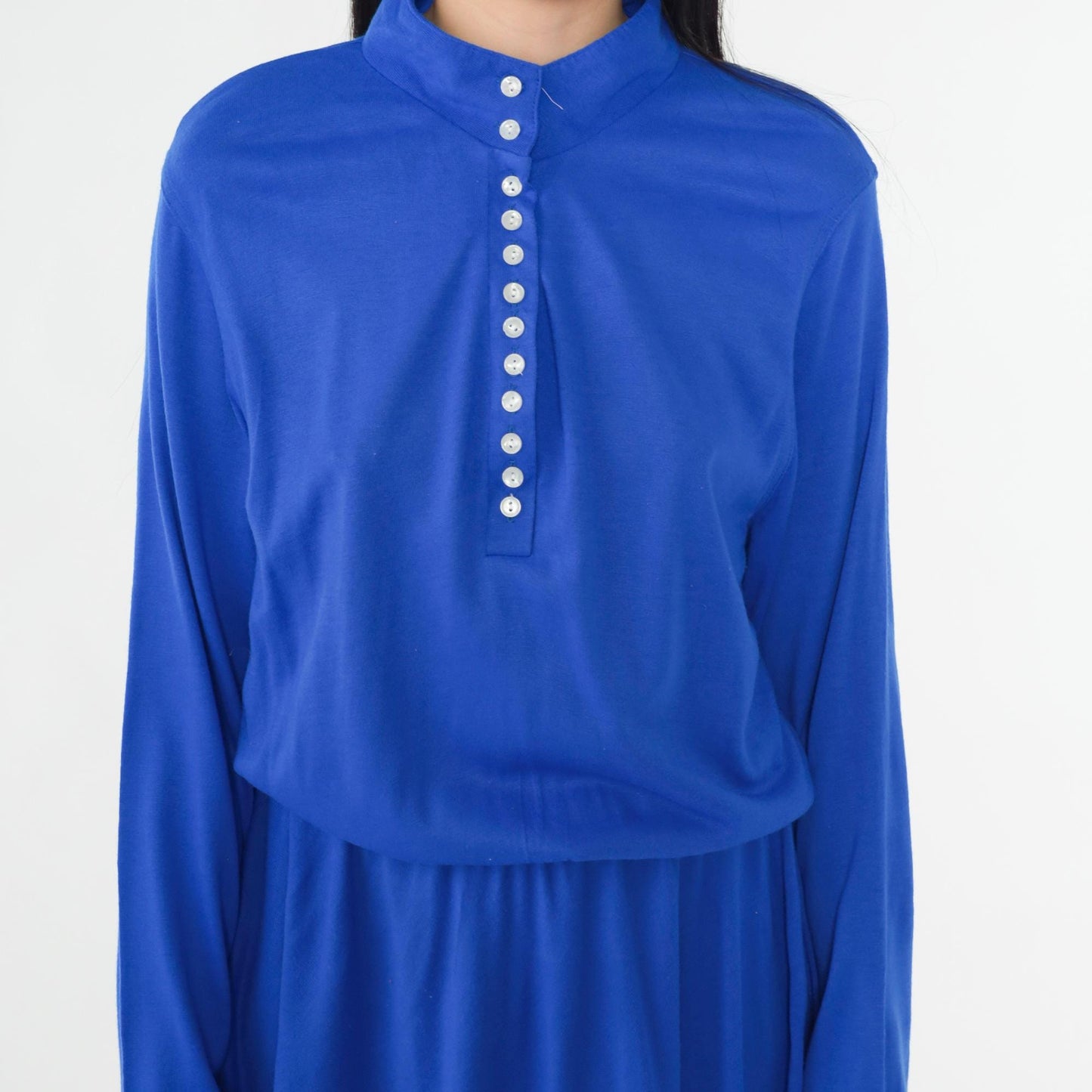 80s Royal Blue Midi Shirtdress Button-Up High Elastic Waist Long Sleeve Medium